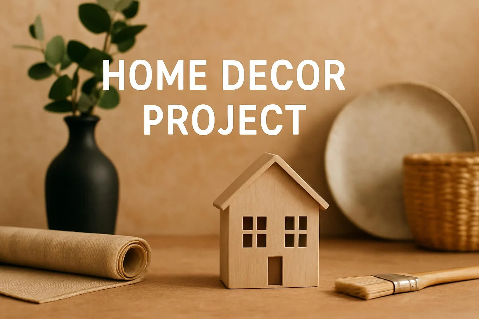 Home decor project ideas 2025 with miniature house, paintbrush, and pottery on a table for modern interior design inspiration.