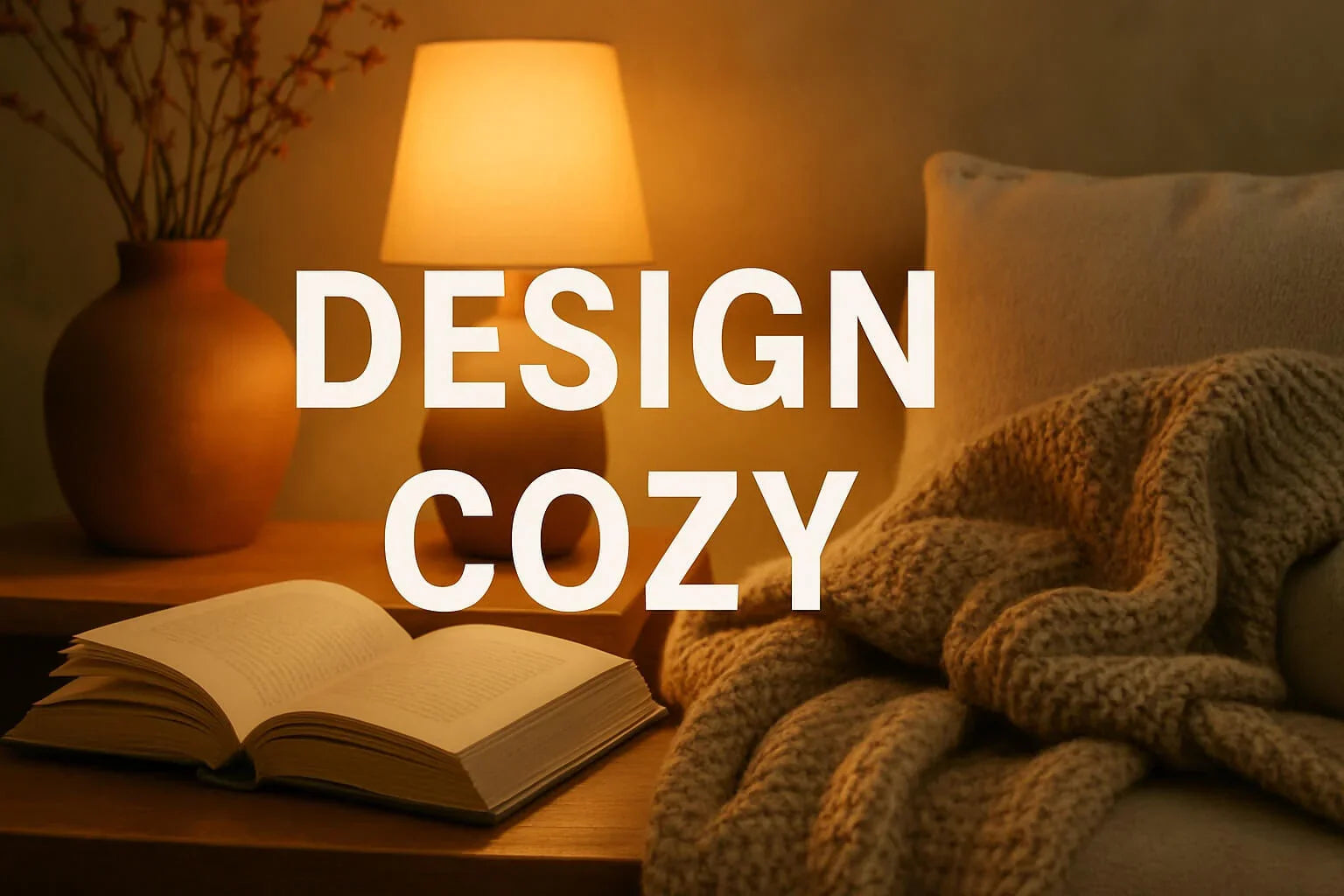 Warm cozy space design ideas 2025 with a lamp, book, and blanket creating an inviting atmosphere.
