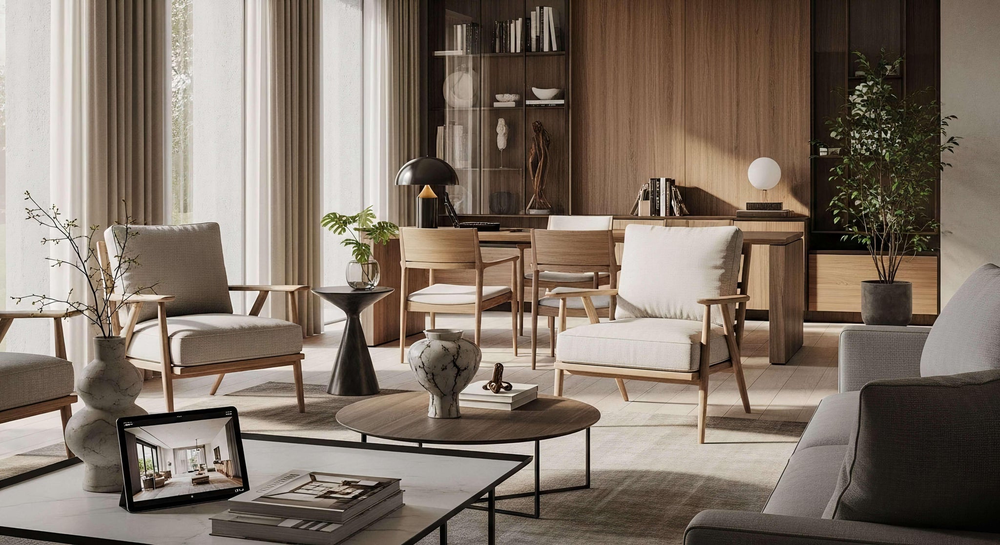 Discovering Modern Cottage Interiors - elegant and minimalist living room with natural light, wooden elements, and cozy seating.