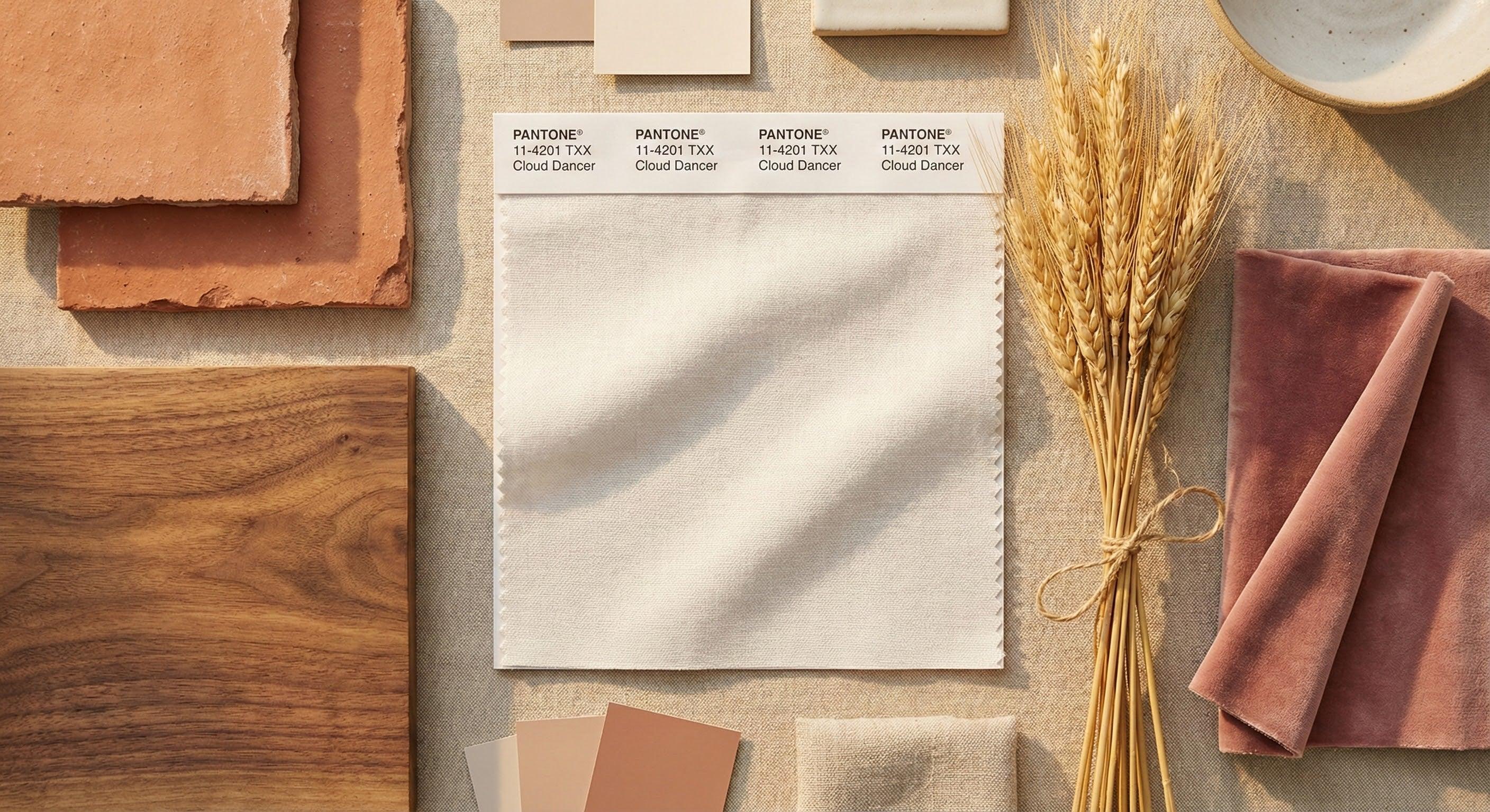 Pantone Cloud Dancer fabric swatch with texture and natural elements