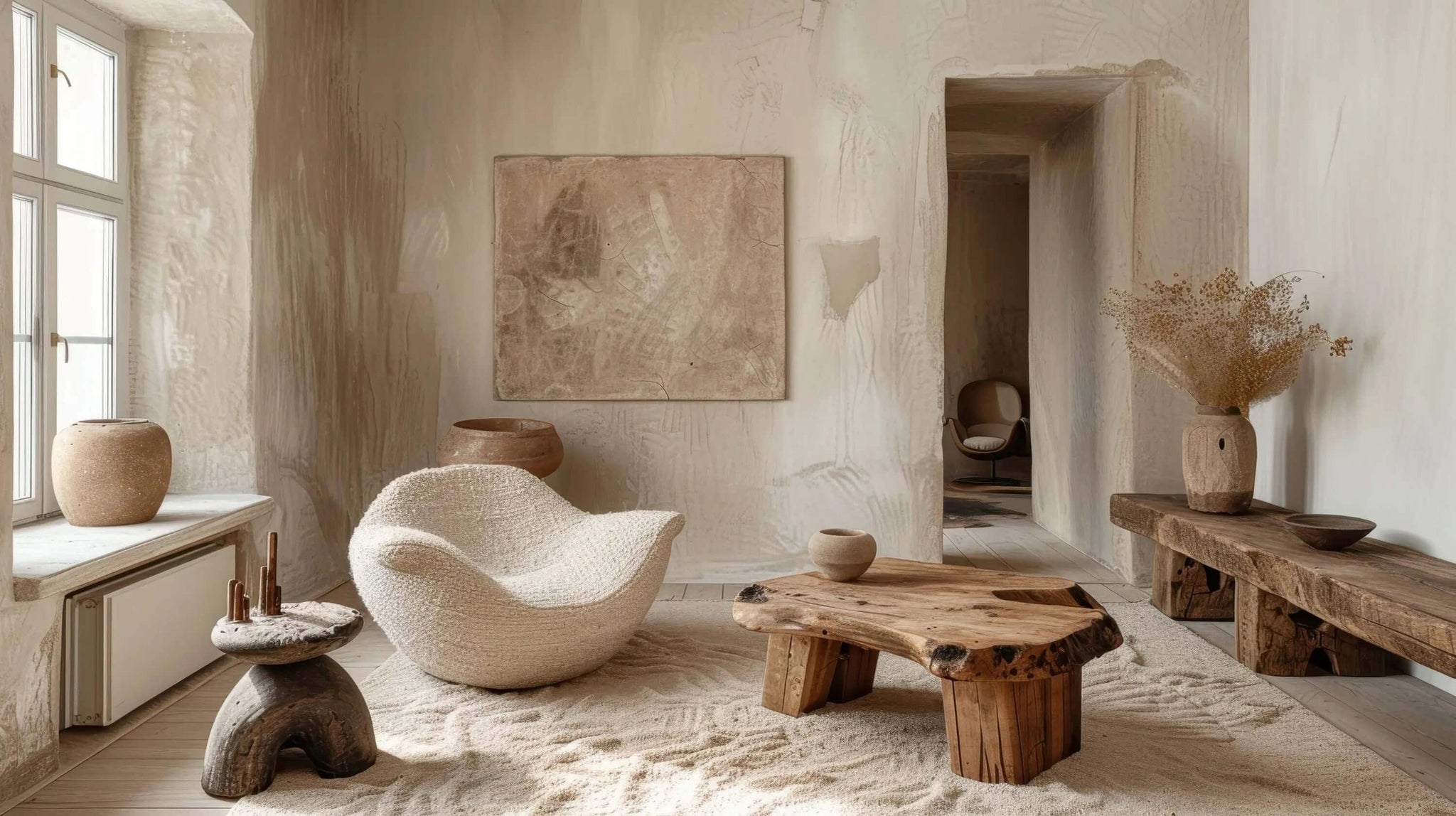 A serene wabi-sabi interior design living room featuring natural materials and earthy tones, embodying simplicity and elegance.