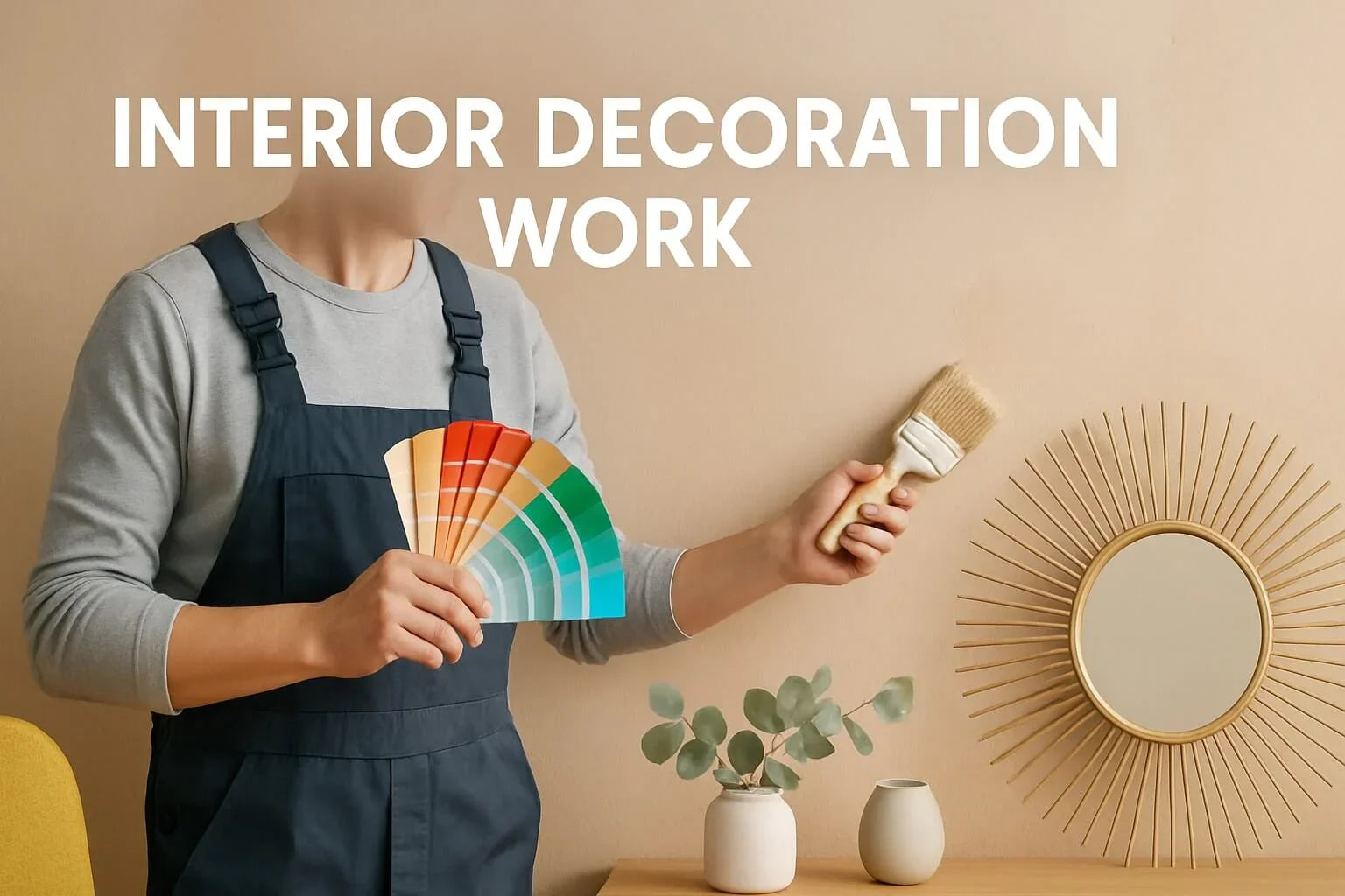 Person holding paint samples and brush as part of 2025 interior decoration guide with modern mirror and decor items.