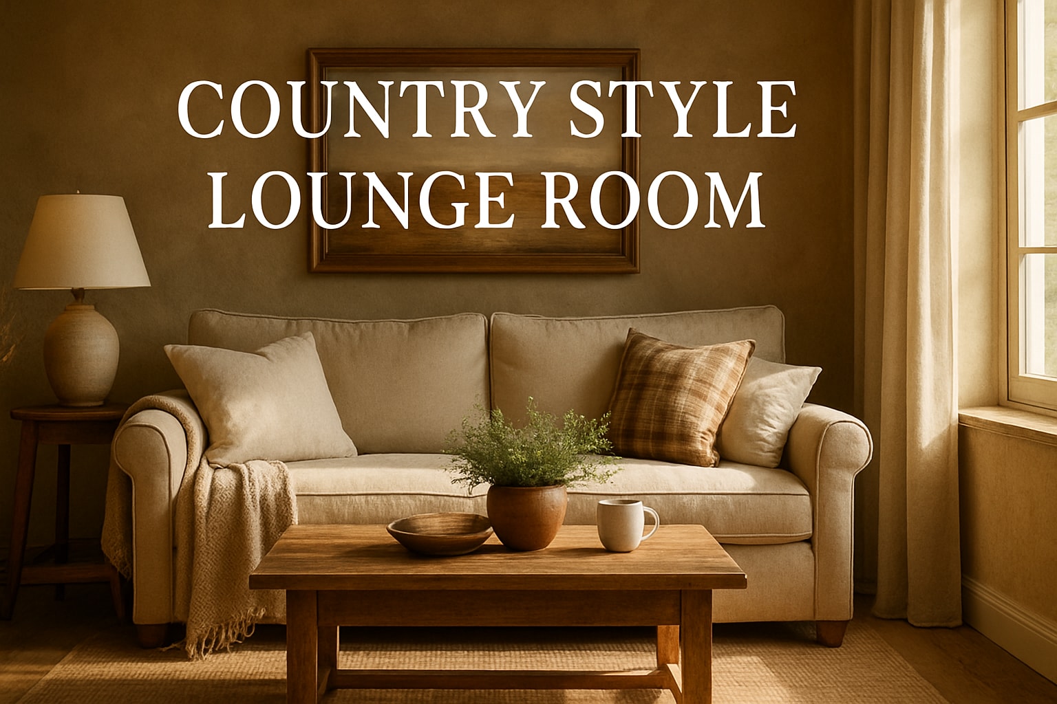Country Style Lounge Room design with cozy sofa and rustic wooden table, emphasizing warm and inviting interior decor for 2025.
