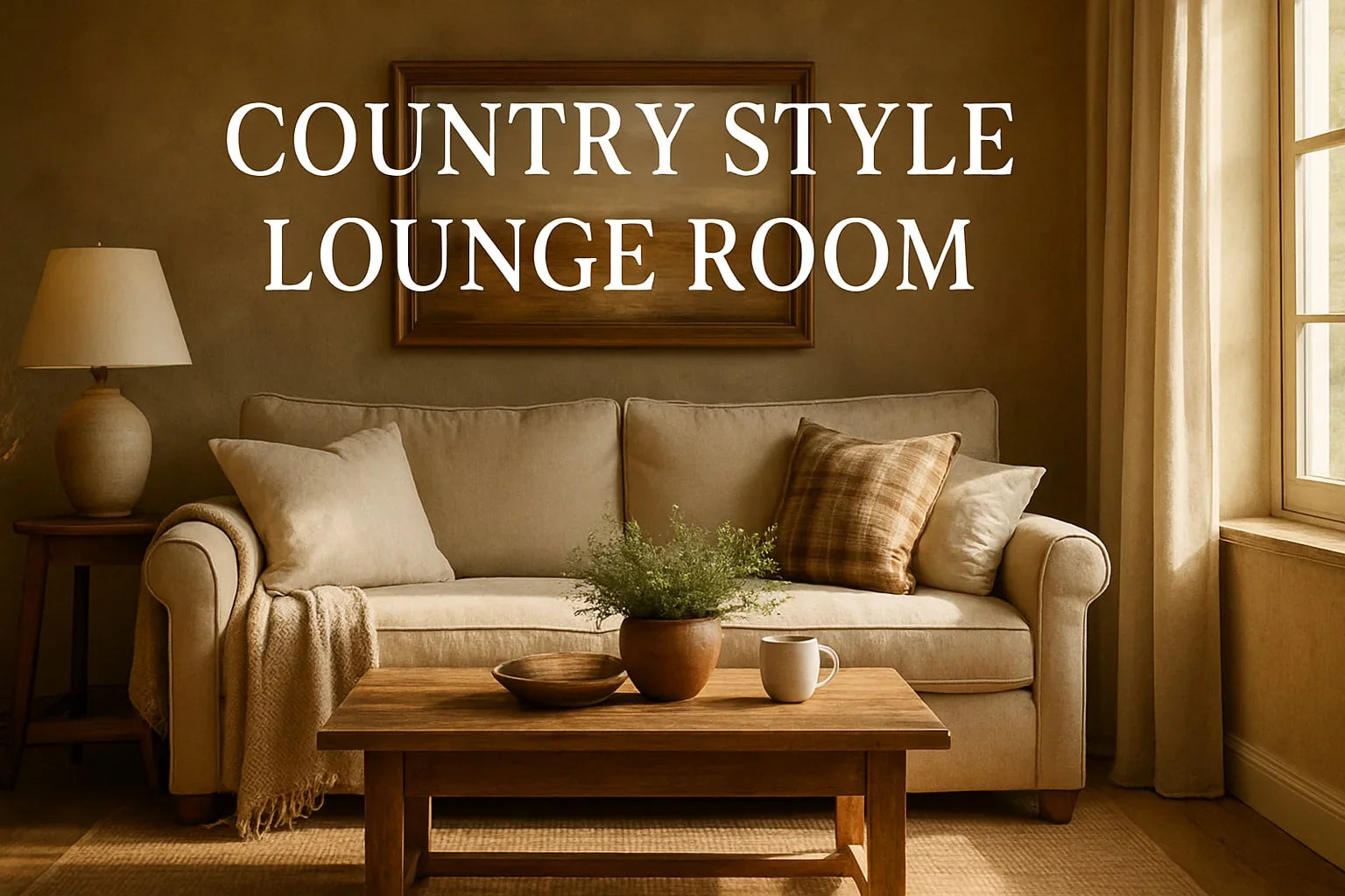 Country Style Lounge Room design with cozy sofa and rustic wooden table, emphasizing warm and inviting interior decor for 2025.