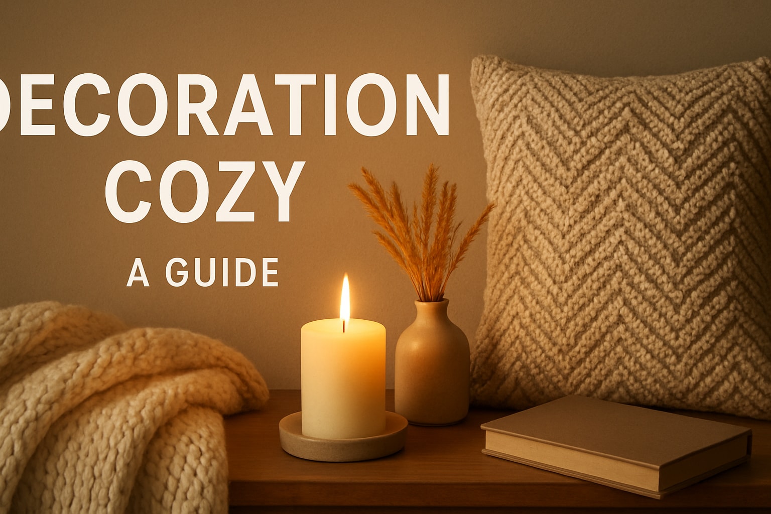 Decoration Cozy Guide with candle, knitted pillow, and book on wooden table