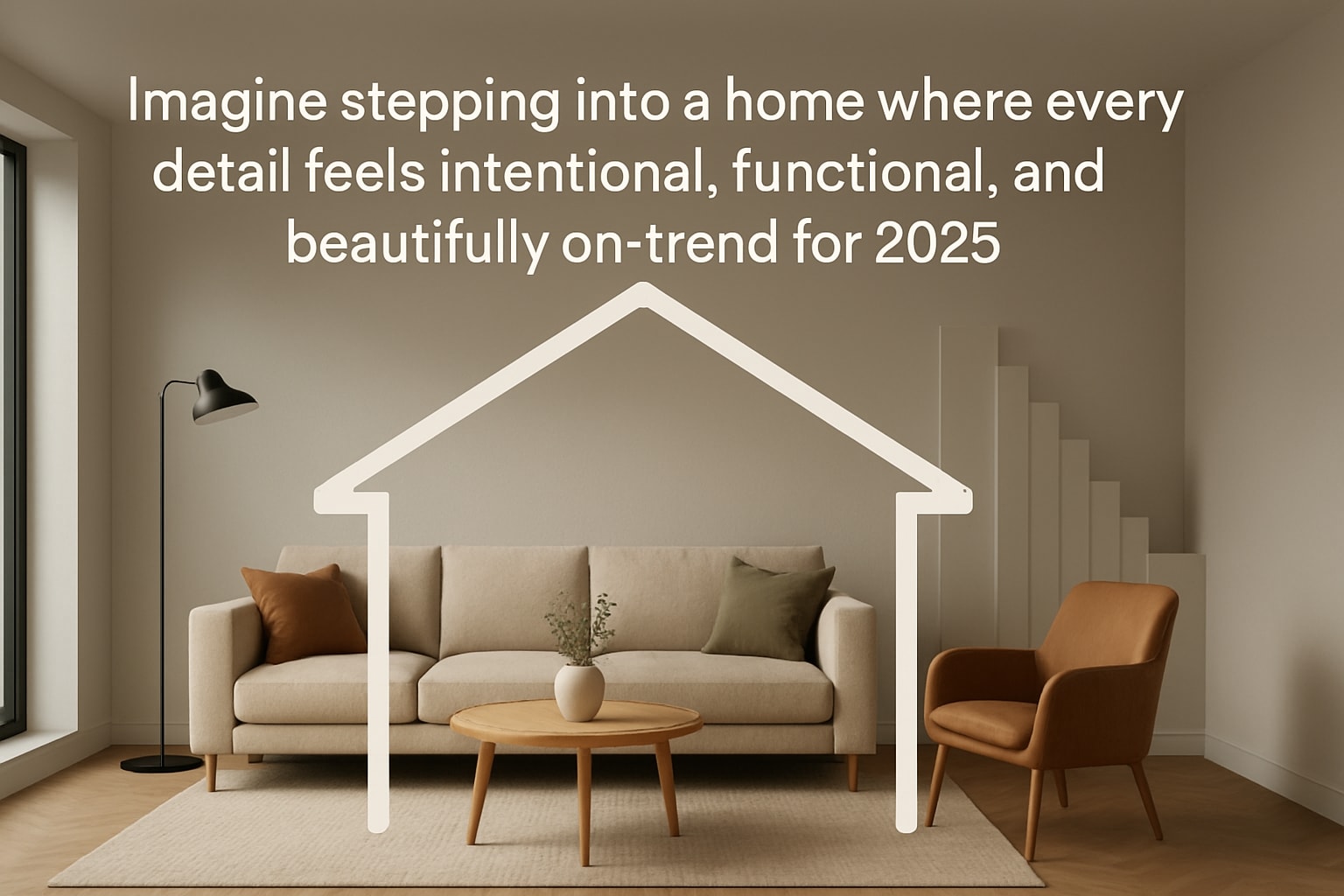 Modern House Interior with neutral tones, featuring a stylish sofa and armchair, embodying 2025 design trends.