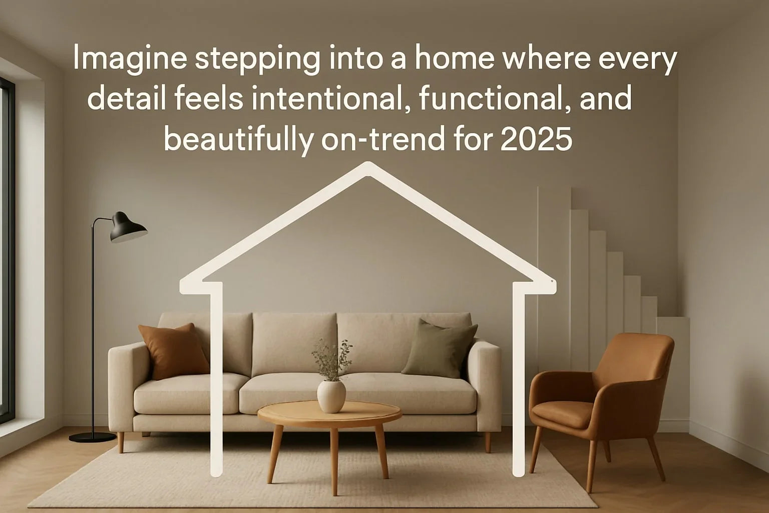 Modern House Interior with neutral tones, featuring a stylish sofa and armchair, embodying 2025 design trends.