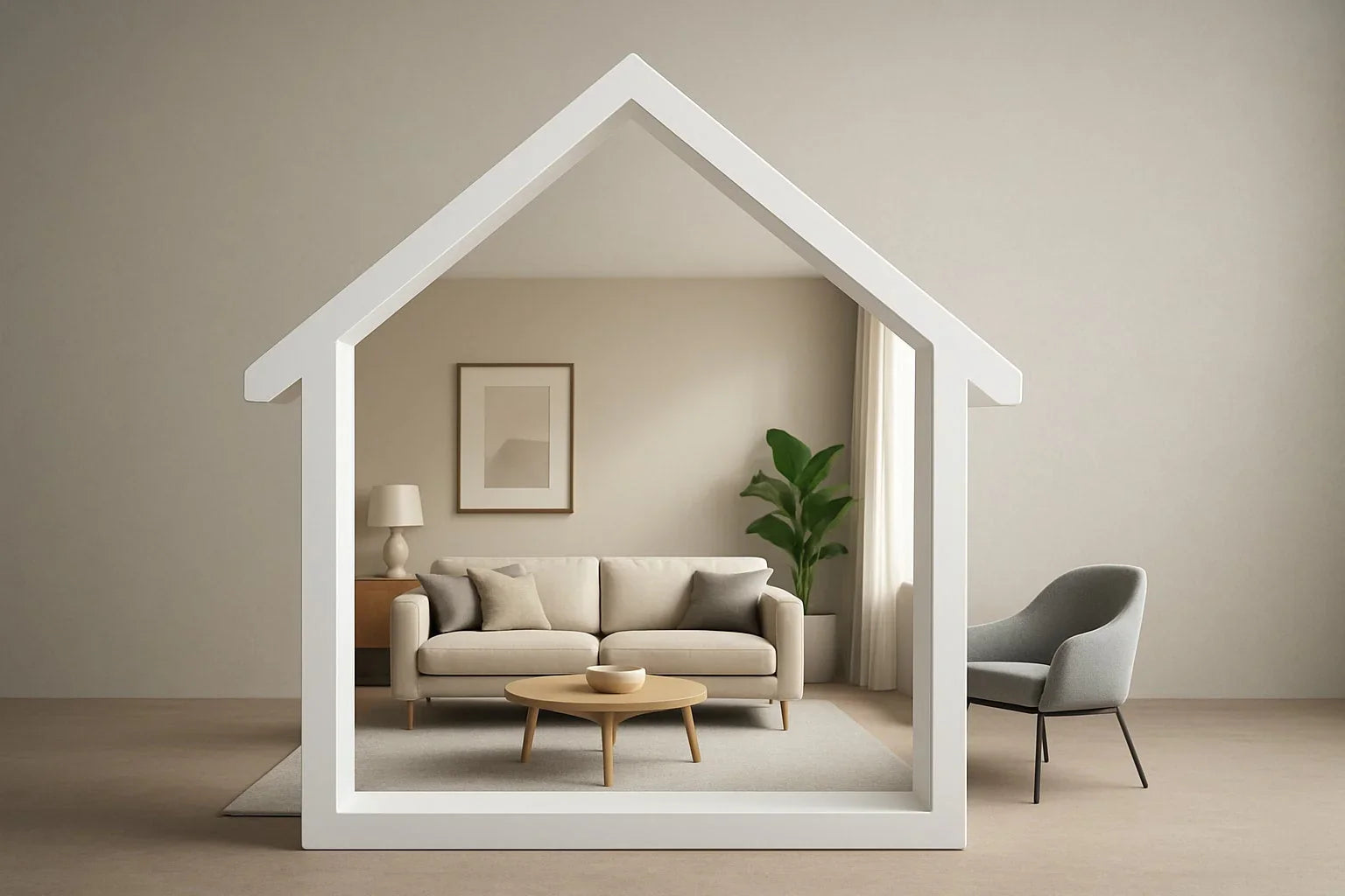 Modern interior design guide showcasing a minimalist living room with neutral tones and stylish furniture.