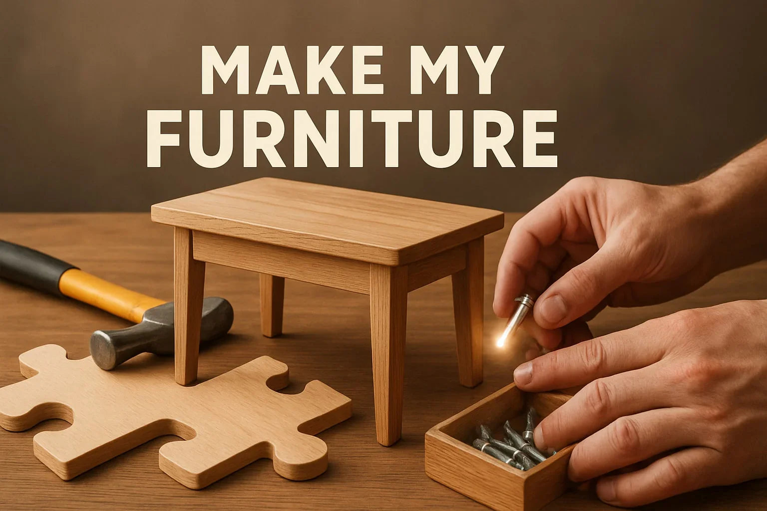 Hands assembling small wooden table with tools, illustrating a furniture making guide for beginners 2025.