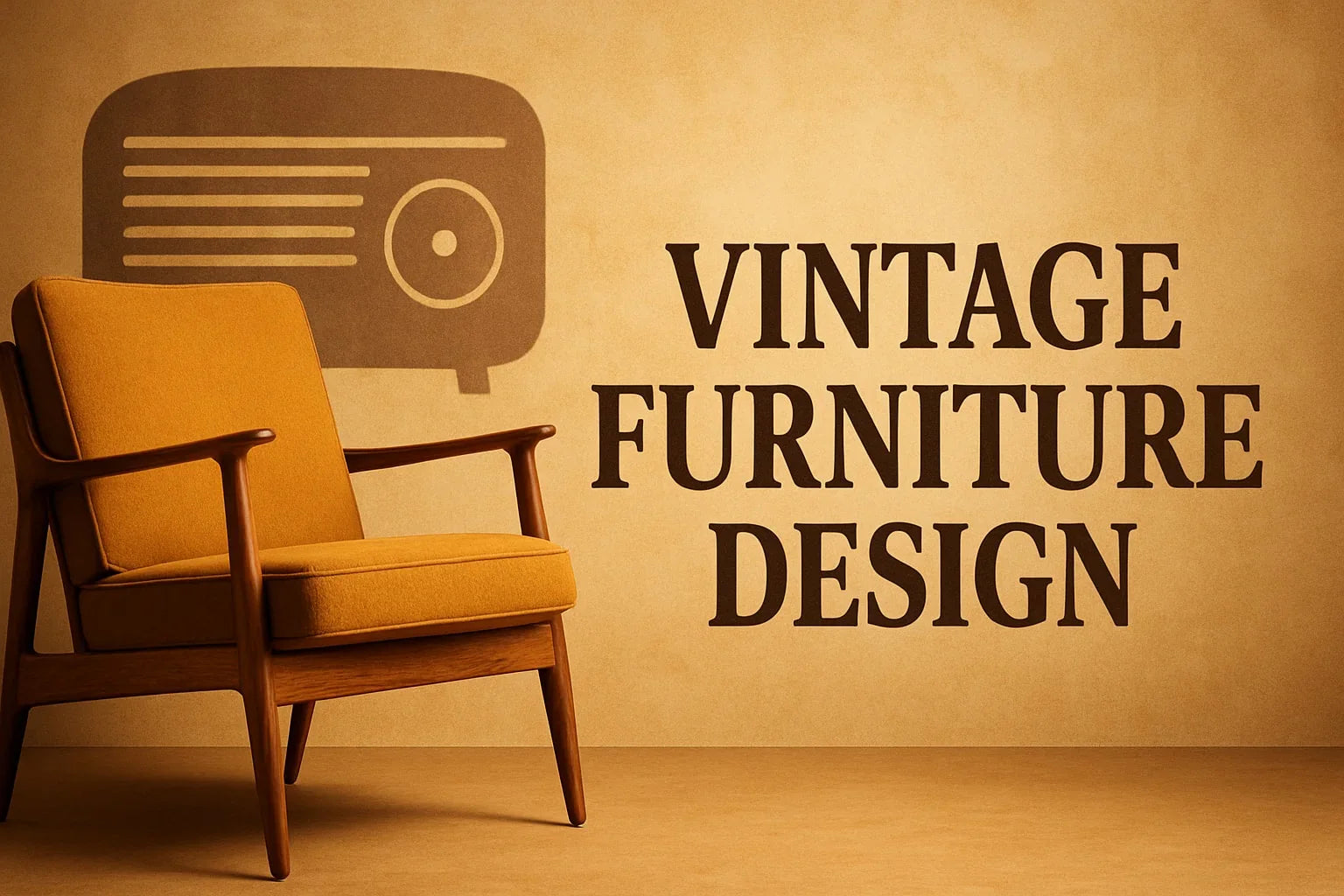 Vintage Furniture Design Guide illustration with mid-century chair and retro radio graphic.