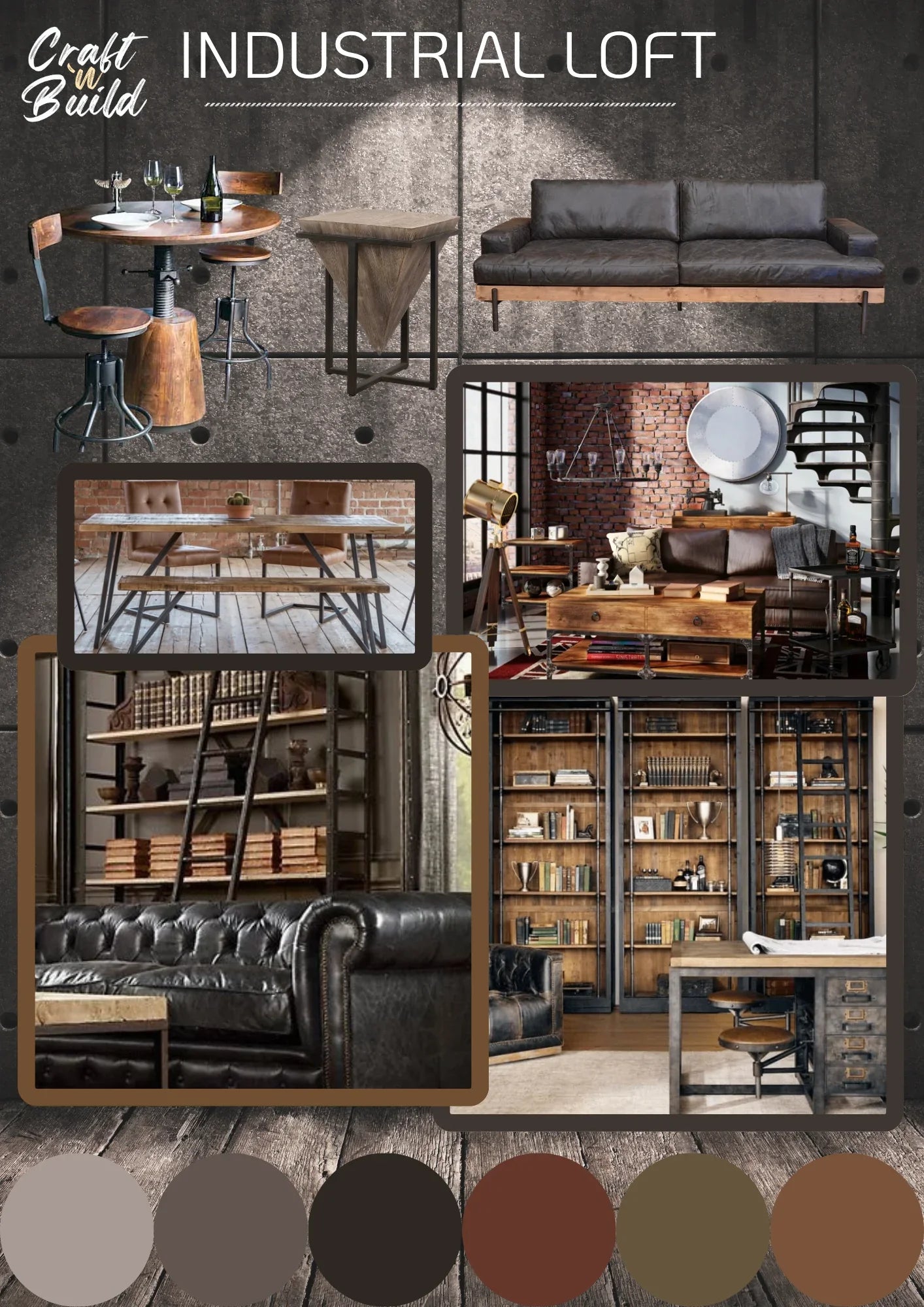 Industrial Interior Design moodboard with urban loft furniture and decor, showcasing raw and authentic elements of industrial style.