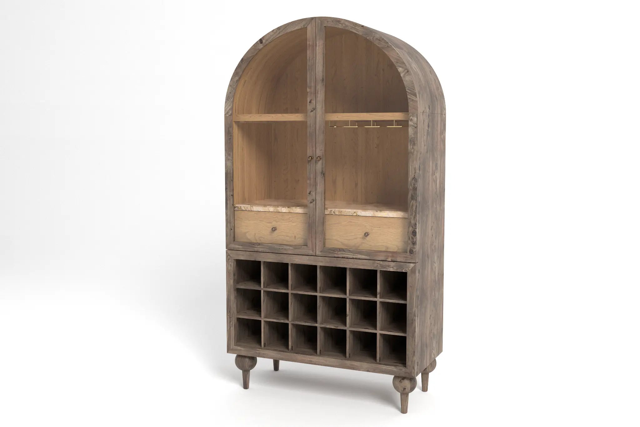 Titus Bar Cabinet in rustic walnut with arched design, brass glass hanger, drawers, and wine rack for 16 bottles.