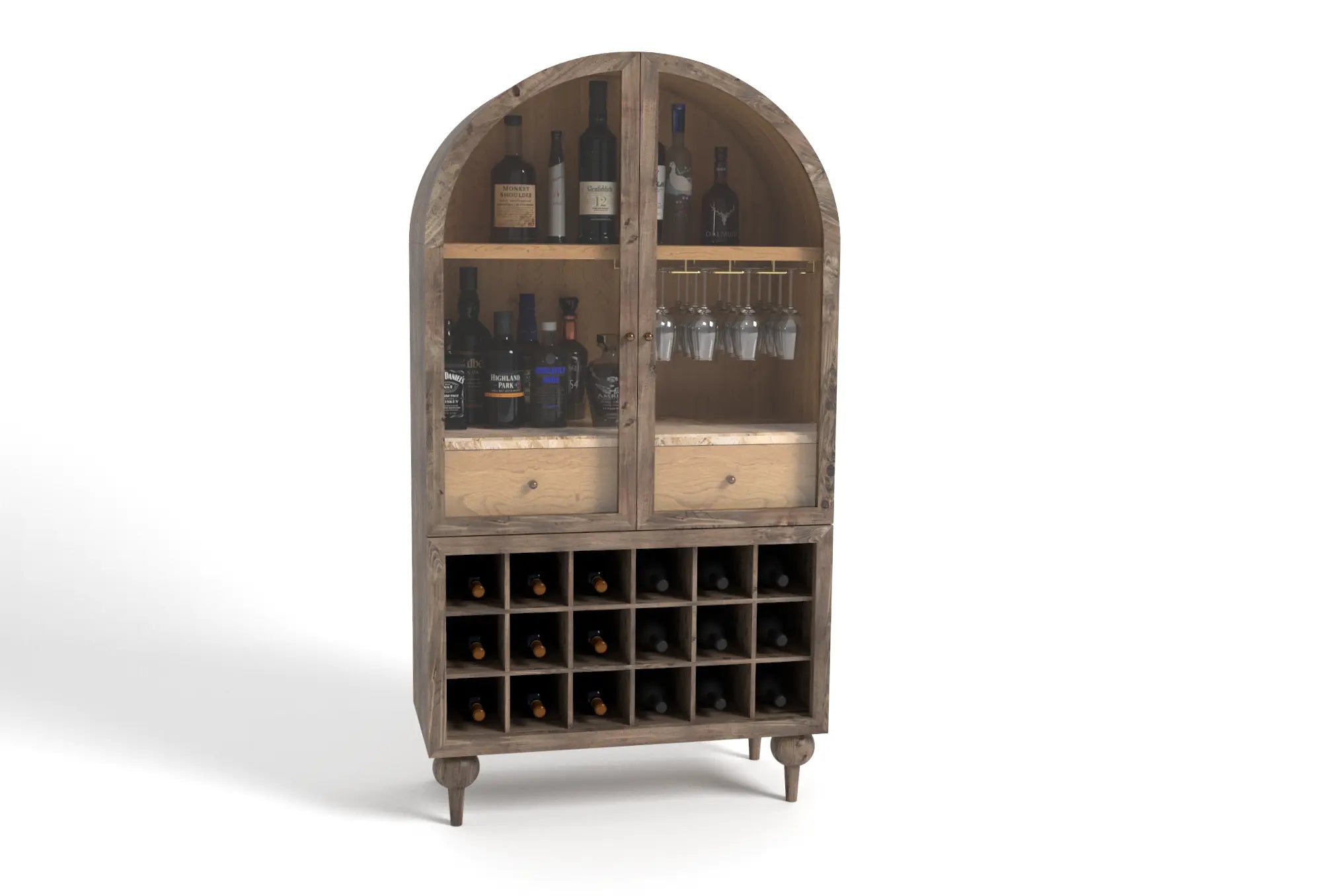 Titus Bar Cabinet in rustic walnut with arched design, featuring glassware section, brass hanger, drawers, and wine rack.