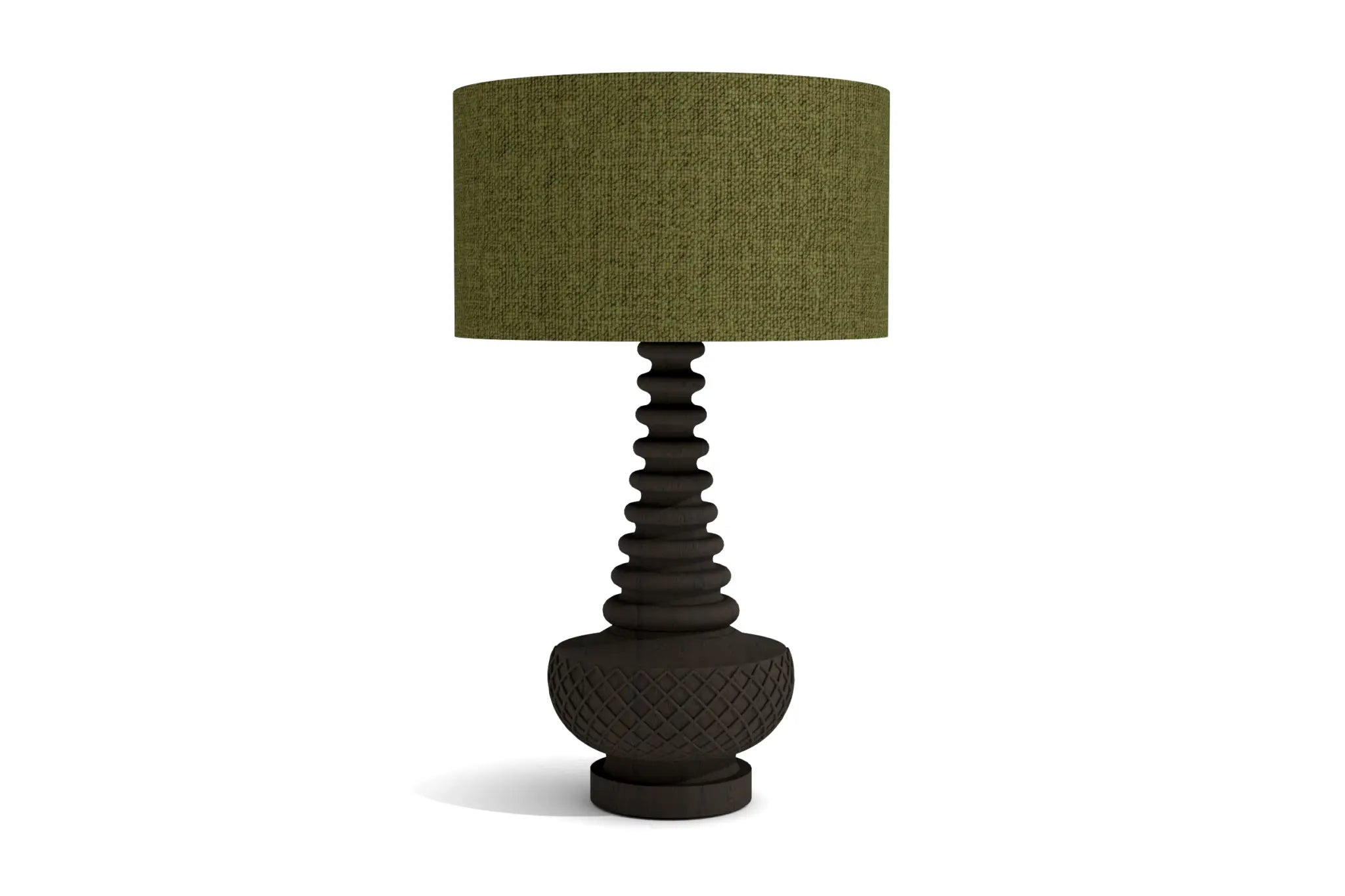 Zulo Table Lamp with textured geometric base and woven fabric shade in 3D CAD design.
