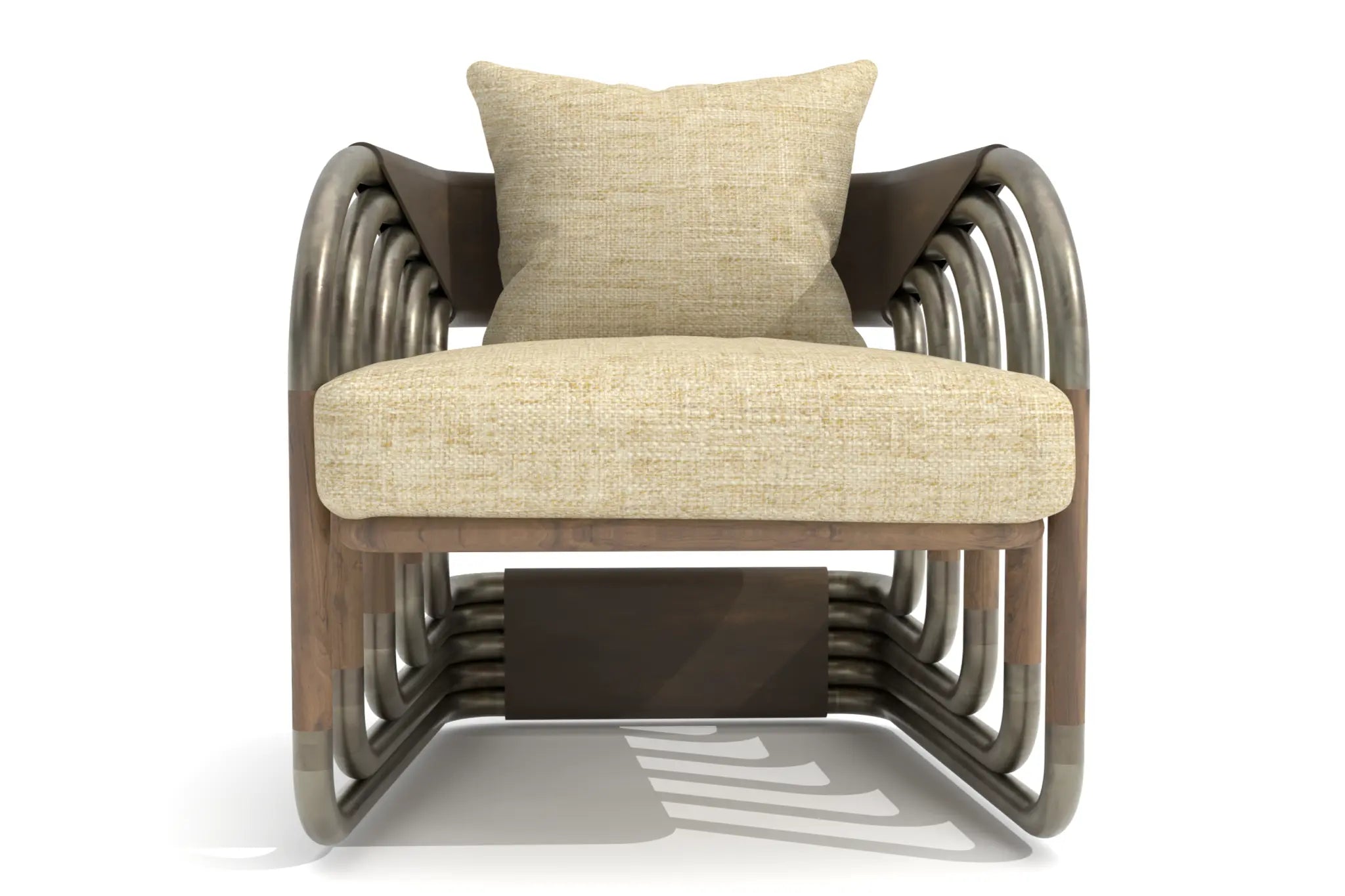 Juntos Lounge Chair with burnished brass frame and walnut accents, upholstered in natural Belgian linen.