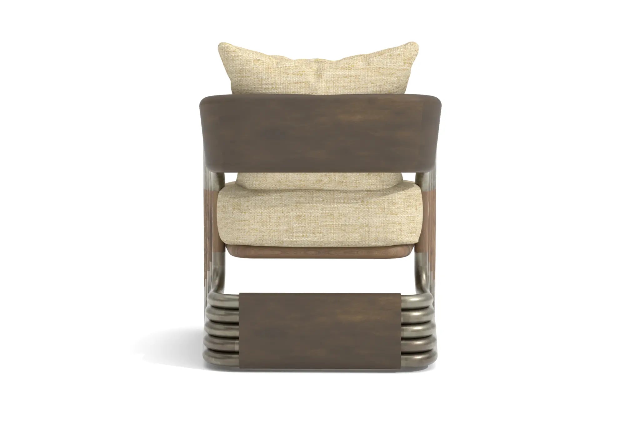 Juntos Lounge Chair with brass frame, walnut accents, and Belgian linen cushions.