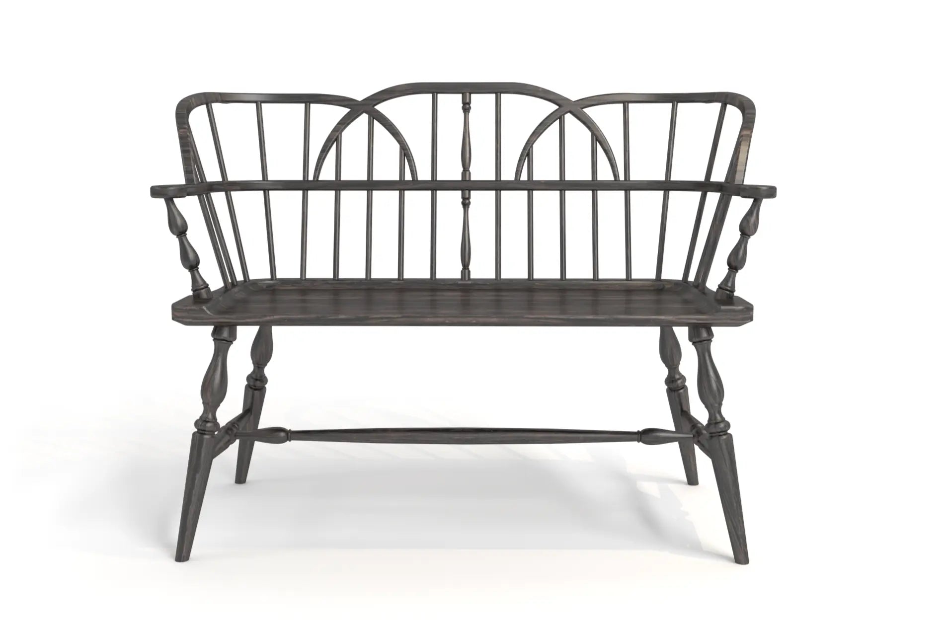 Hoop Back Bench - 3D CAD model displaying a solid oak bench with curved hoop-back design, delicate spindles, and turned legs.