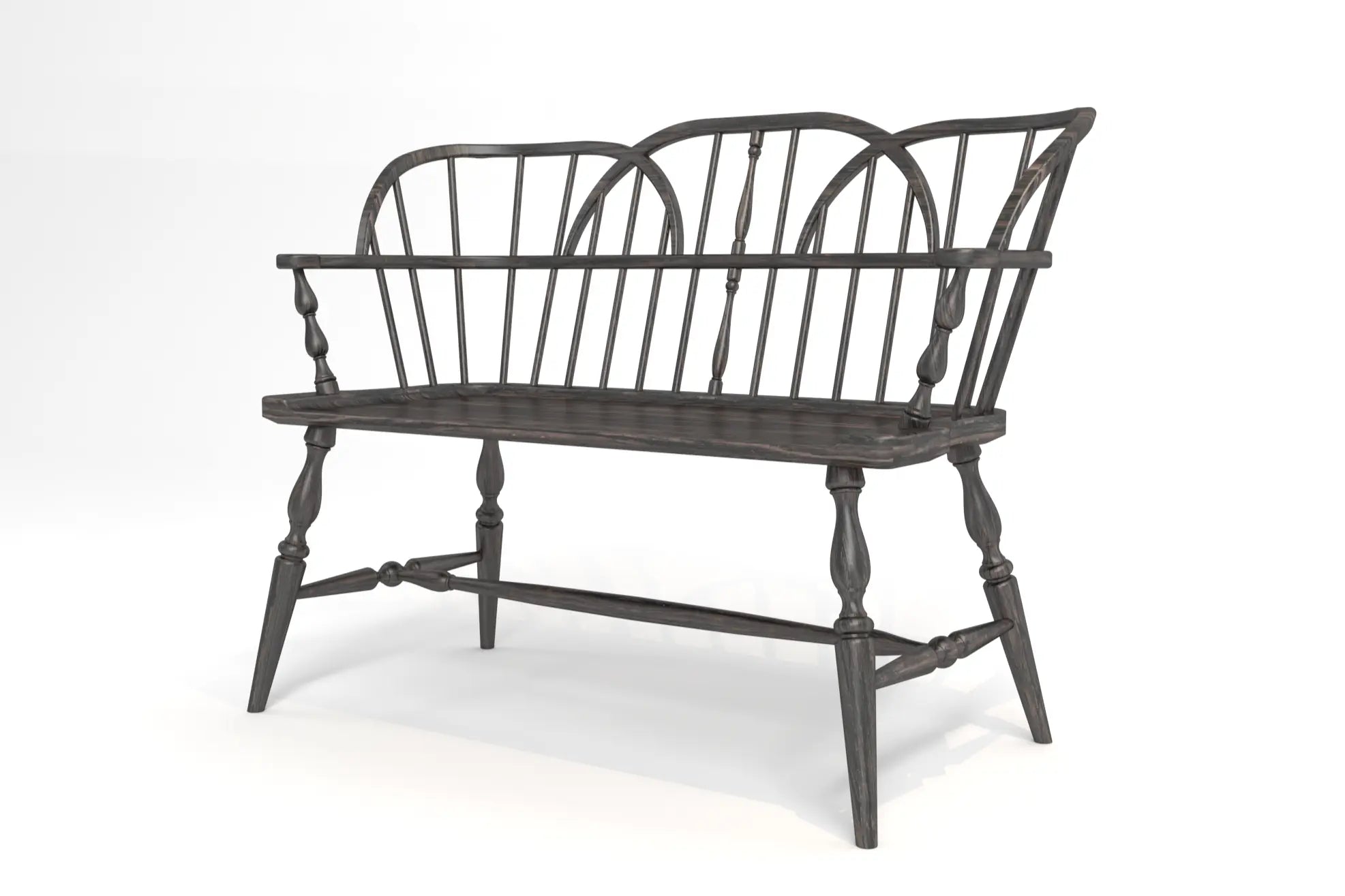 Hoop Back Bench - 3D CAD rendering of a solid oak bench with turned legs and spindles.