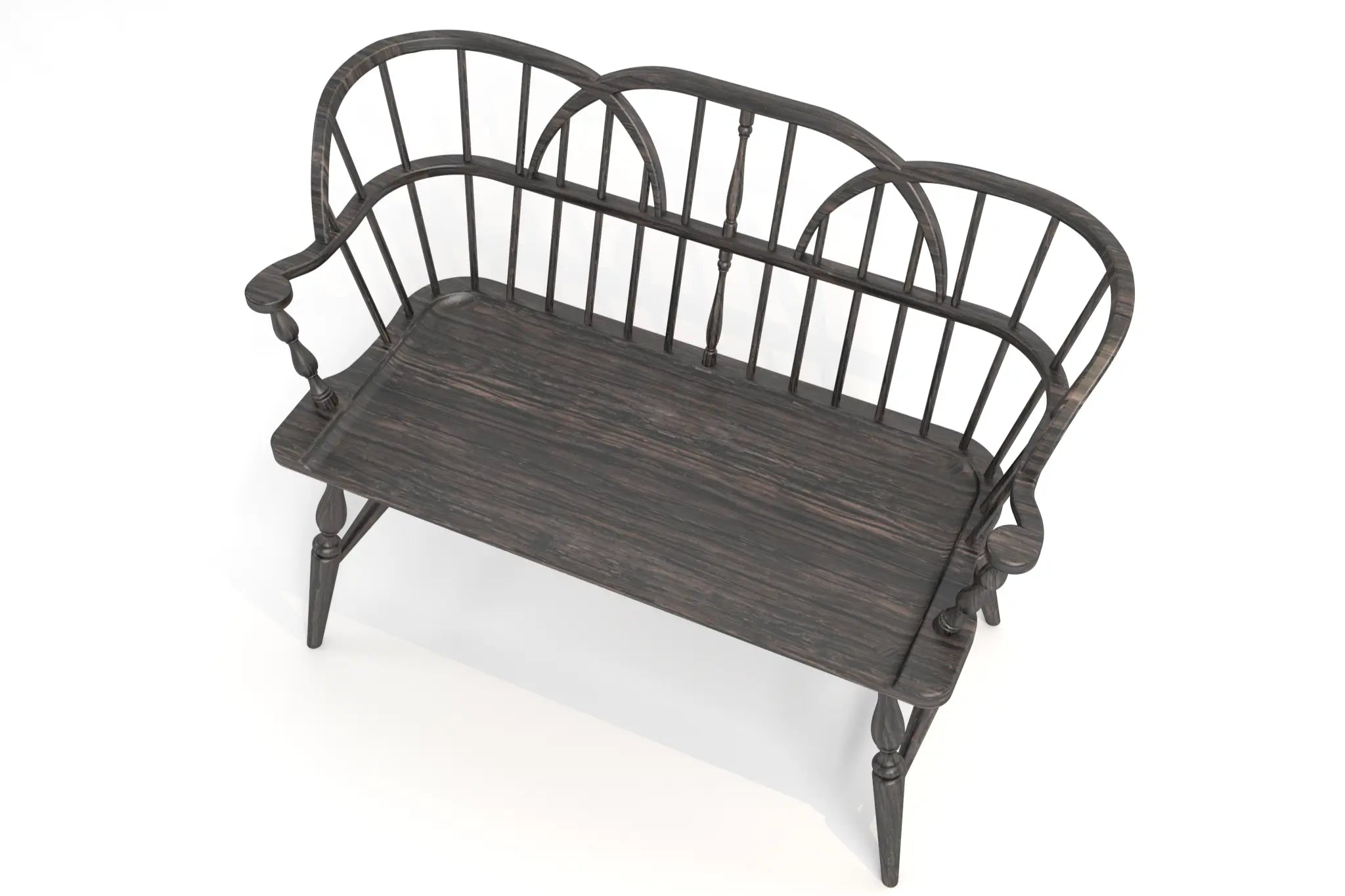 Hoop Back Bench in 3D CAD with curved hoop-back design and spindles, crafted from solid oak.
