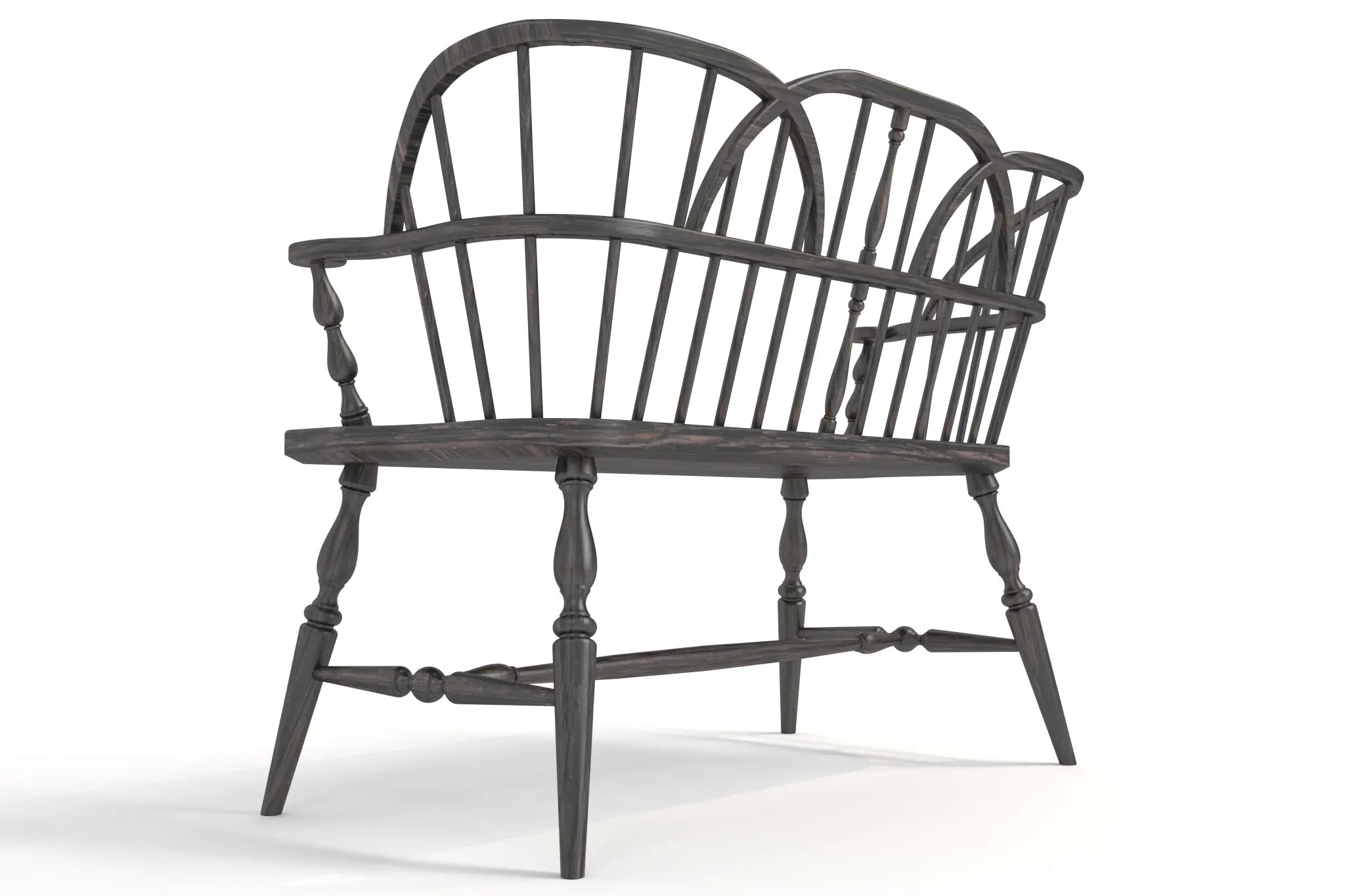 3D CAD rendering of a solid oak hoop back bench with curved design and spindles.