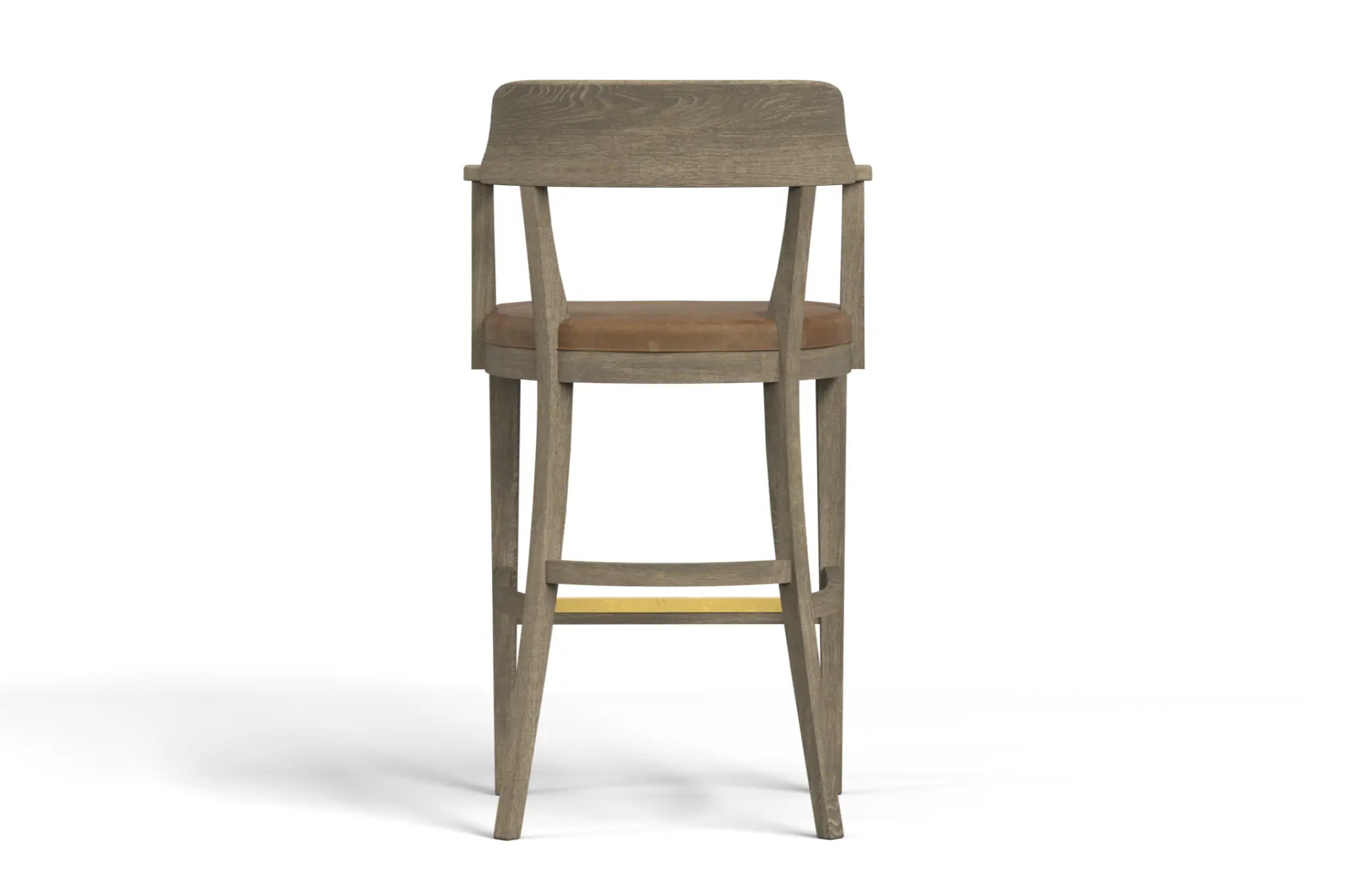 Dalton Bar Stool in solid oak with leather seat and brass footrest, 3D CAD.