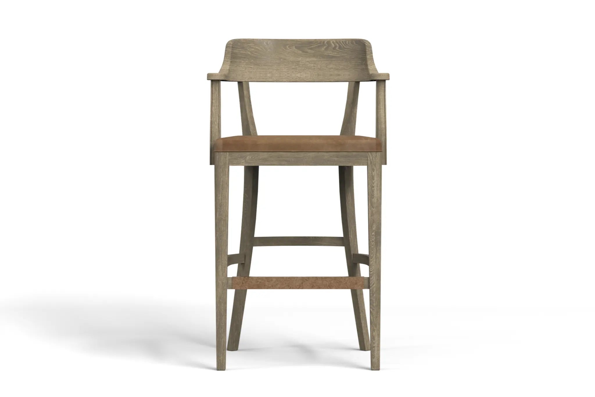Dalton Bar Stool 3D CAD model with solid oak construction, leather-upholstered seat, and brass footrest.