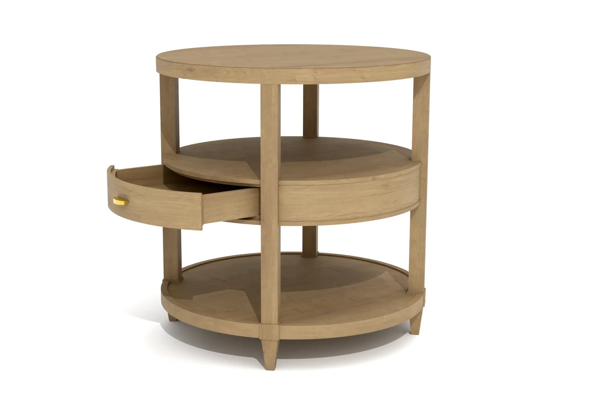 Teressa Side Table 3D CAD with round wood design, drawer, and tapered legs.