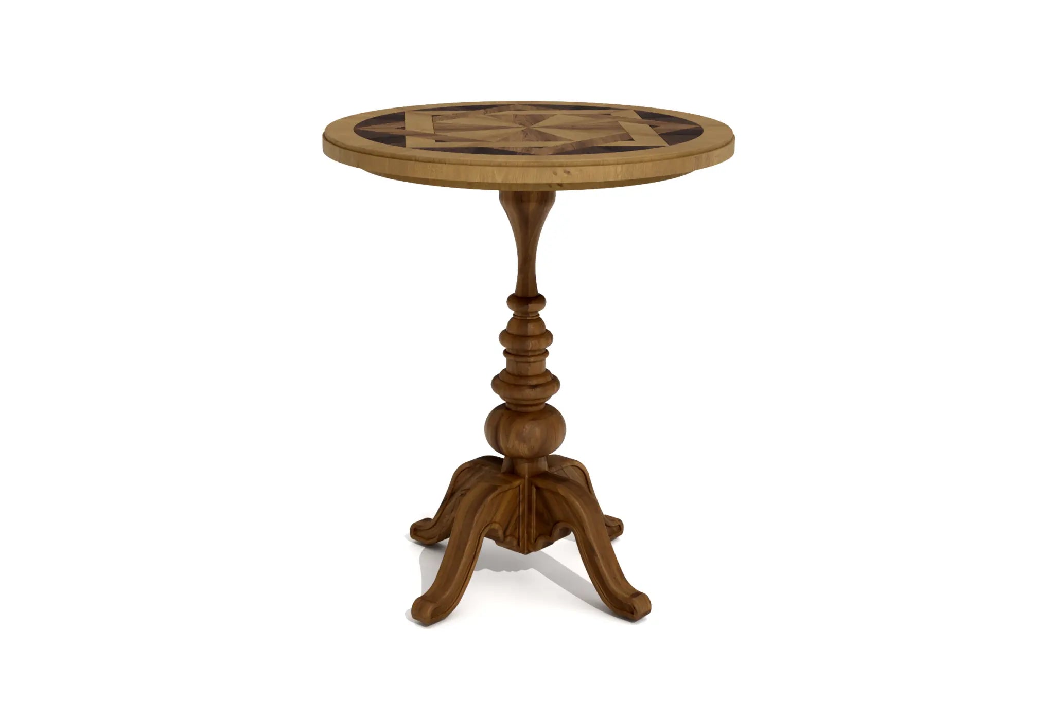 LePre Chairside Table with wood marquetry and turned pedestal design.