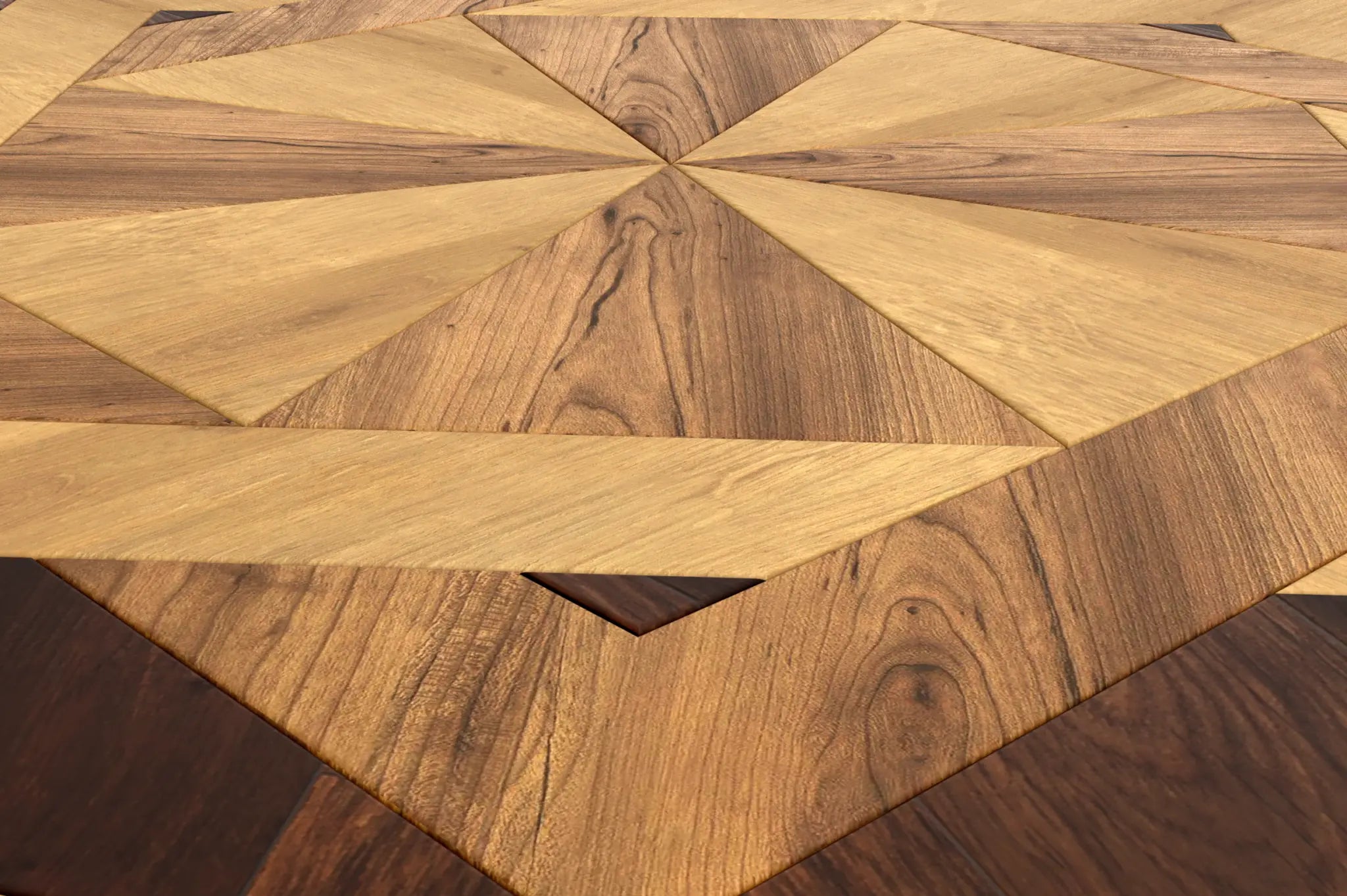LePre Chairside Table with intricate wood marquetry featuring wenge, walnut, and honey oak geometric pattern.