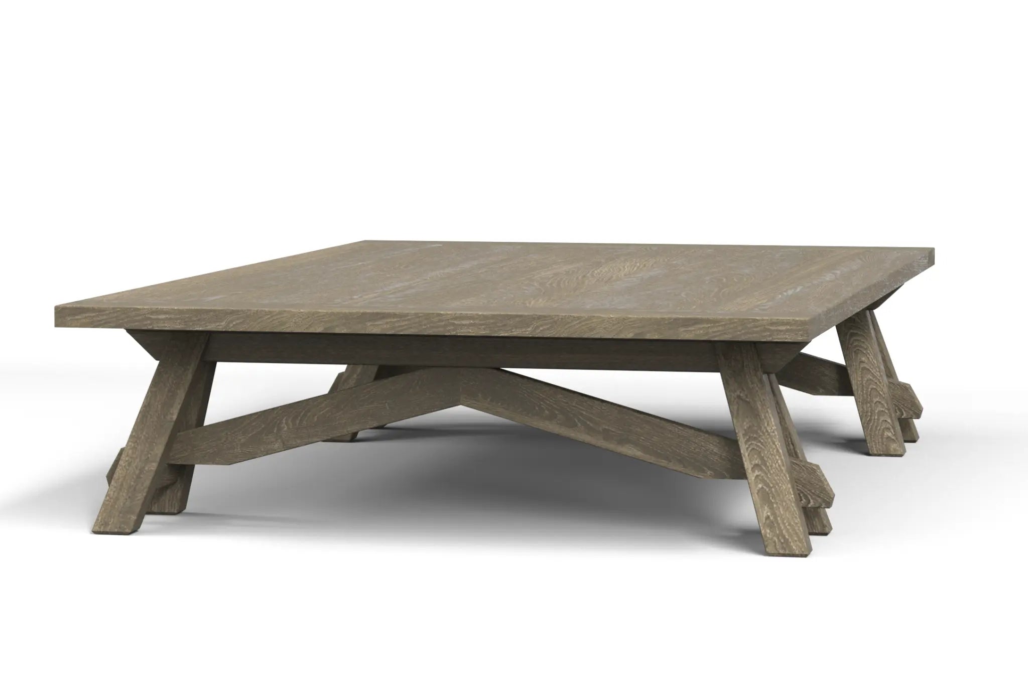 Sawhorse Coffee Table - 3D CAD rendering showcasing rustic design with natural wood grain and sturdy sawhorse-style legs.