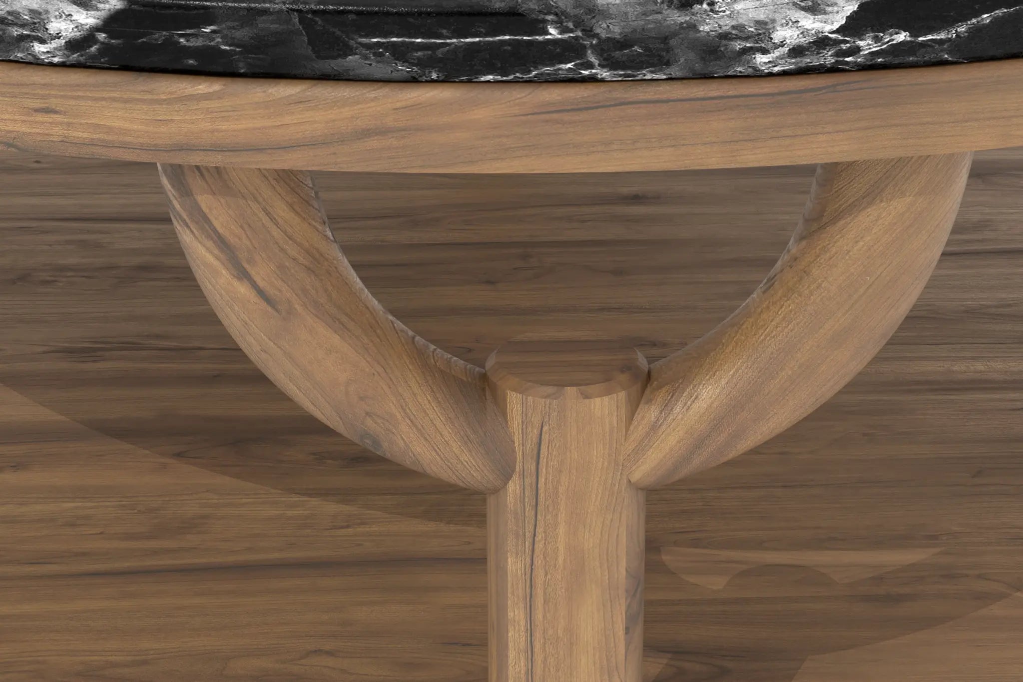 Olive Round Coffee Table - 3D CAD with black marble top and walnut-finish base.