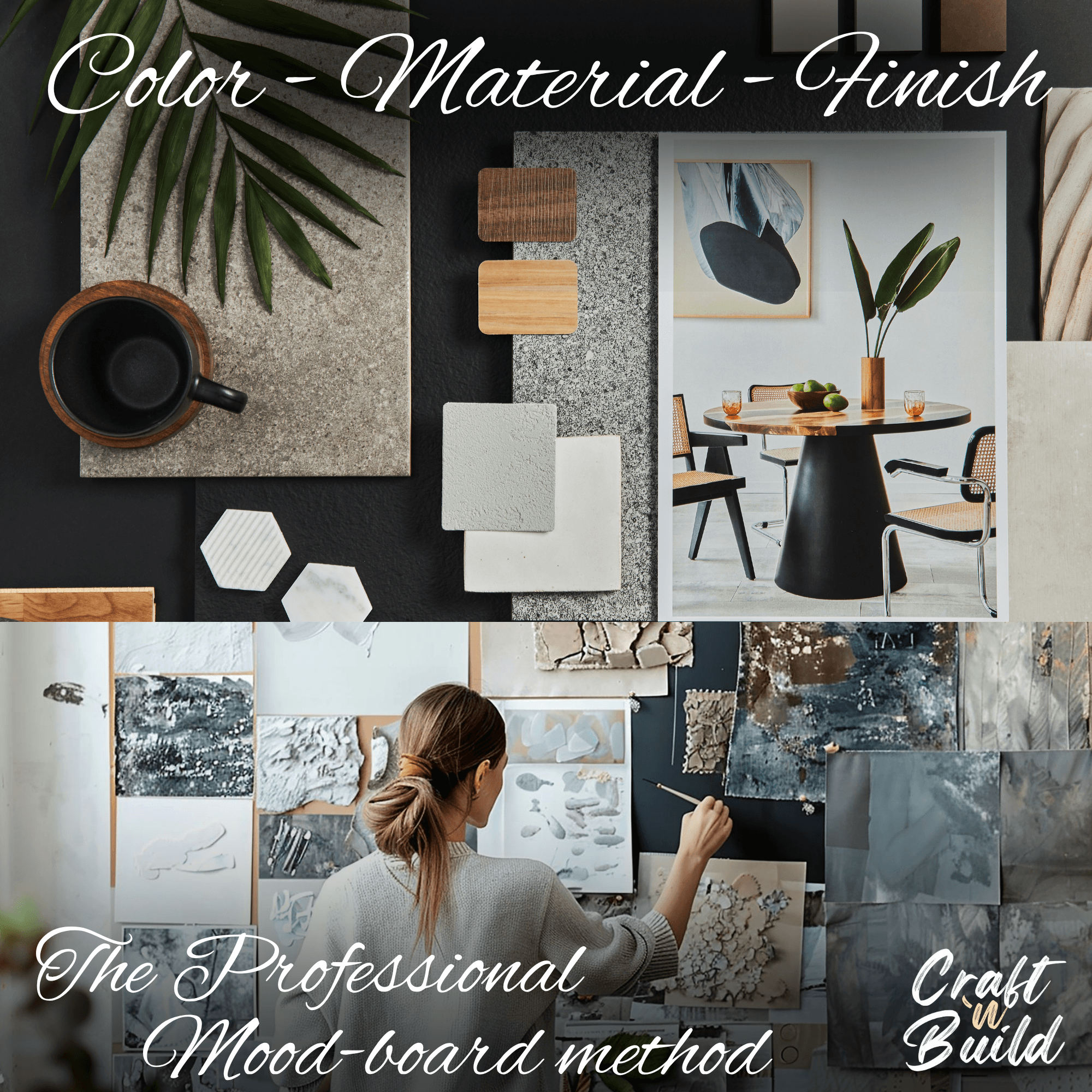 The Mood Board design course visual layout with curated textures, colors, and materials for interior design projects