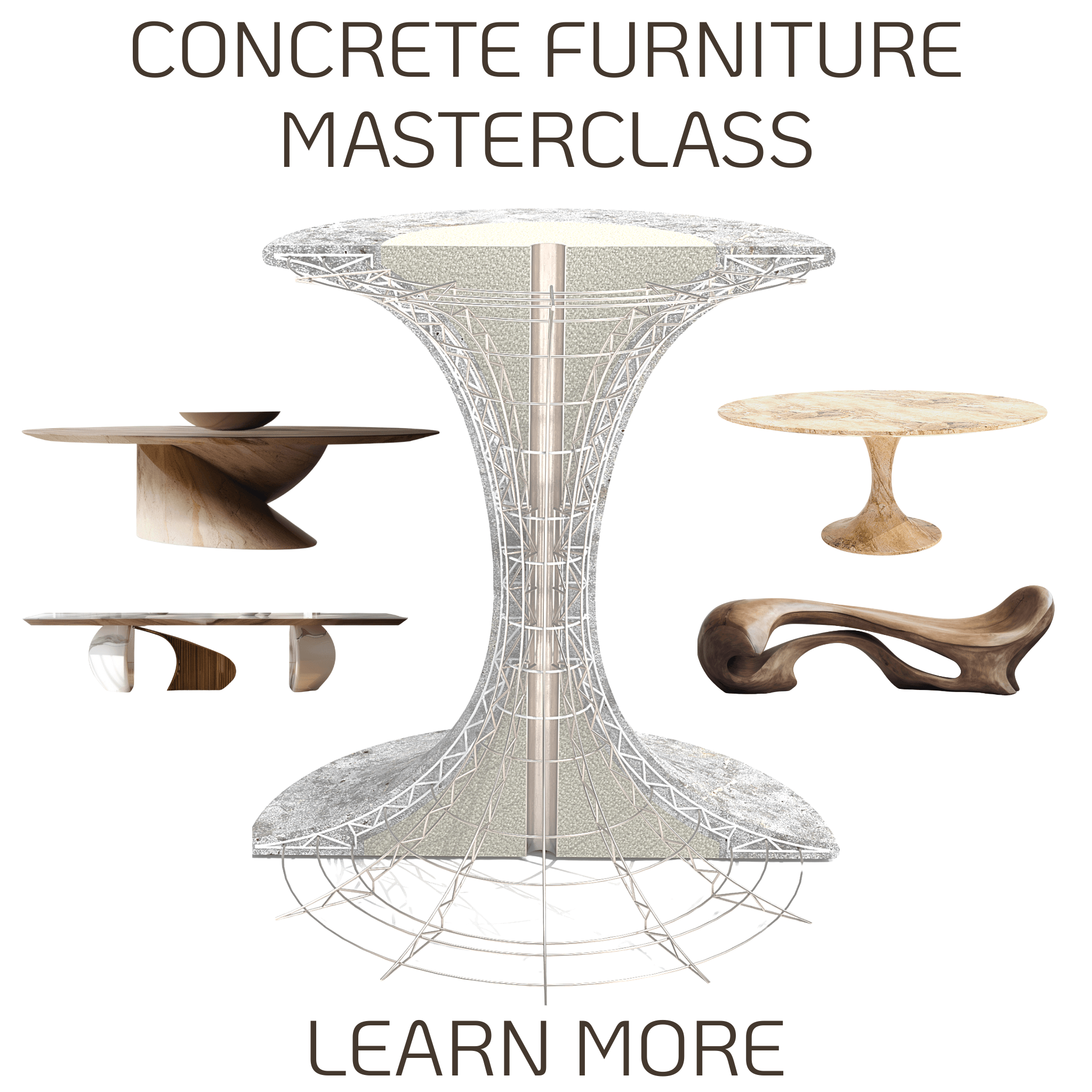 Modern concrete furniture with organic design in masterclass setting