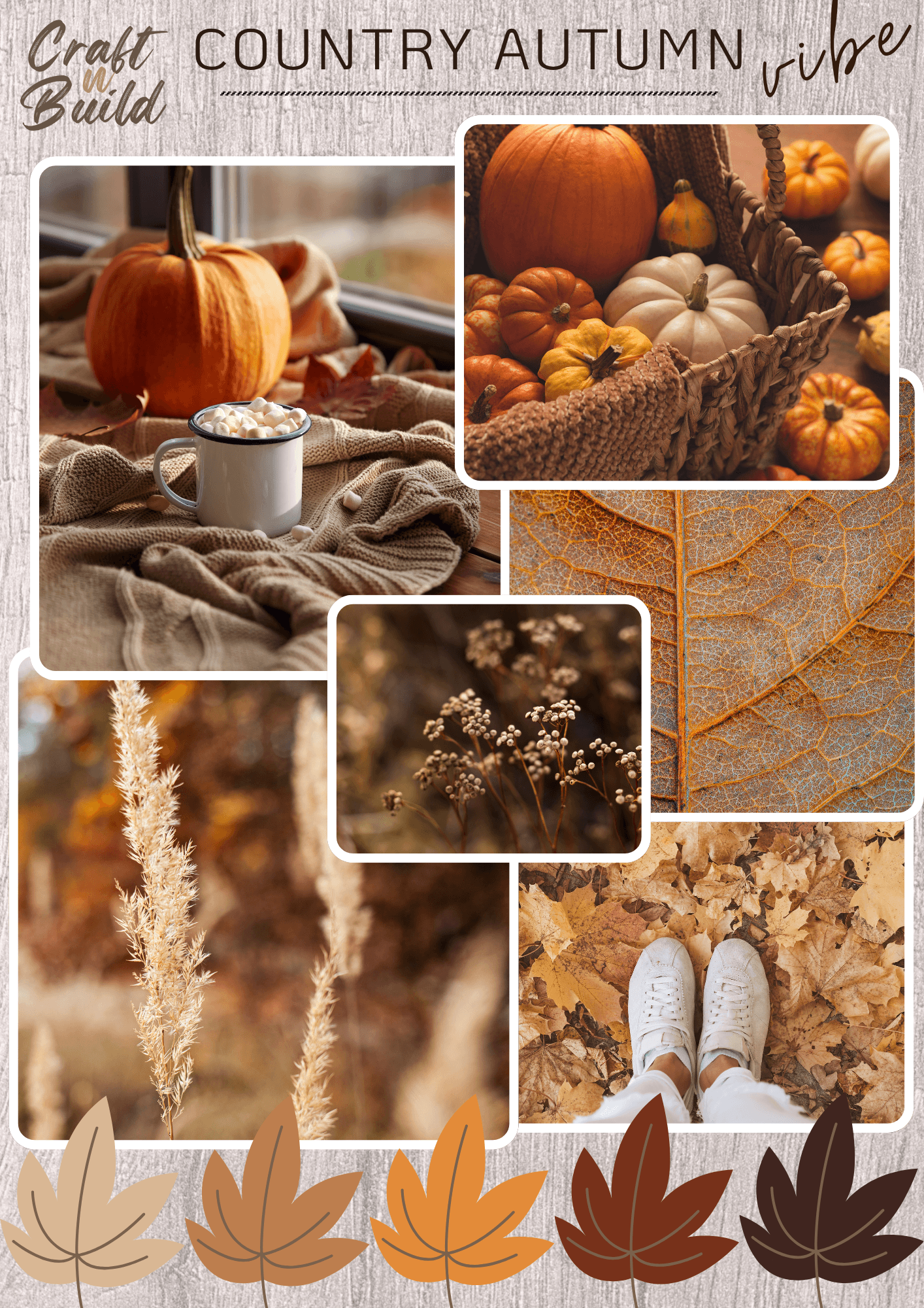 Cozy country autumn vibe moodboard with warm rustic textures and fall colors