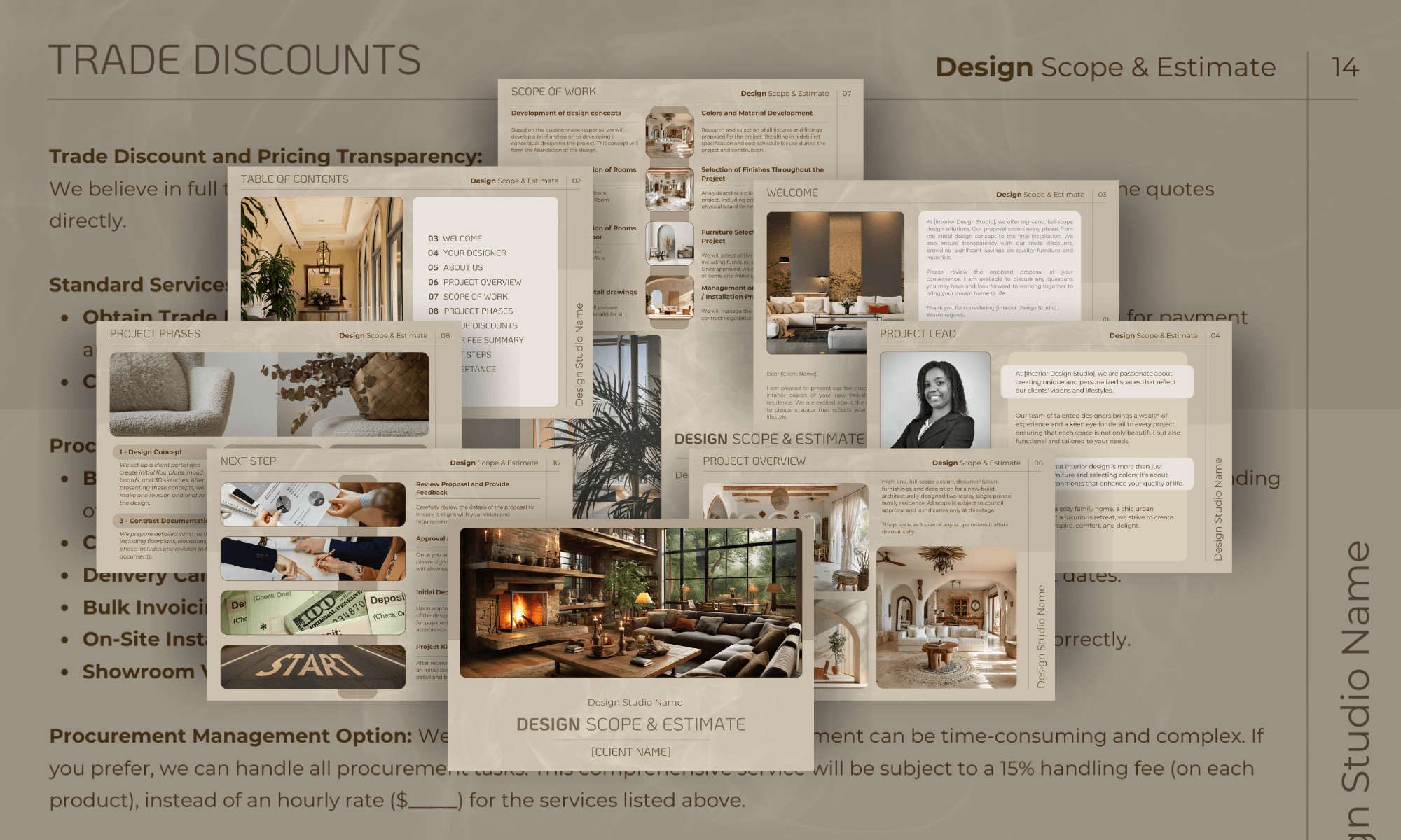Design Scope & Estimate template preview for professional interior design proposals