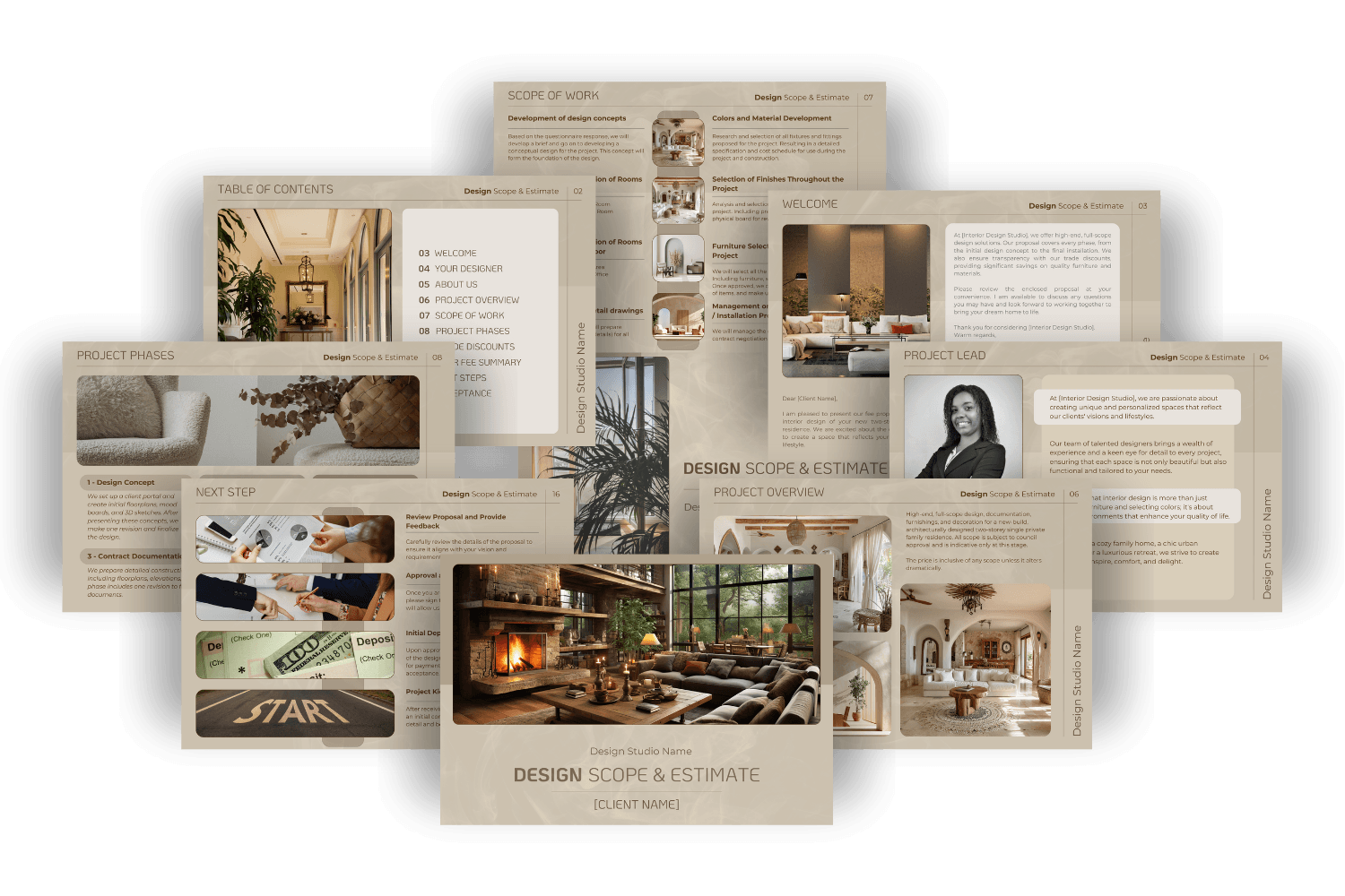 Design Scope & Estimate template preview for interior designers and architects showing professional project proposal pages