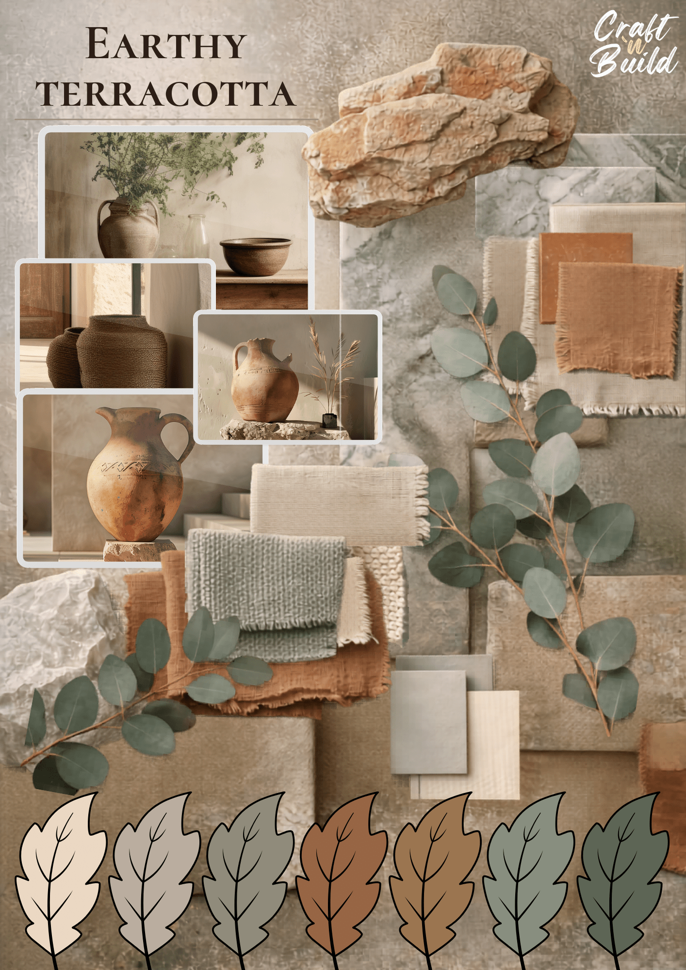 Earthy terracotta interior design mood board with warm color palette and natural textures for rustic modern home decor