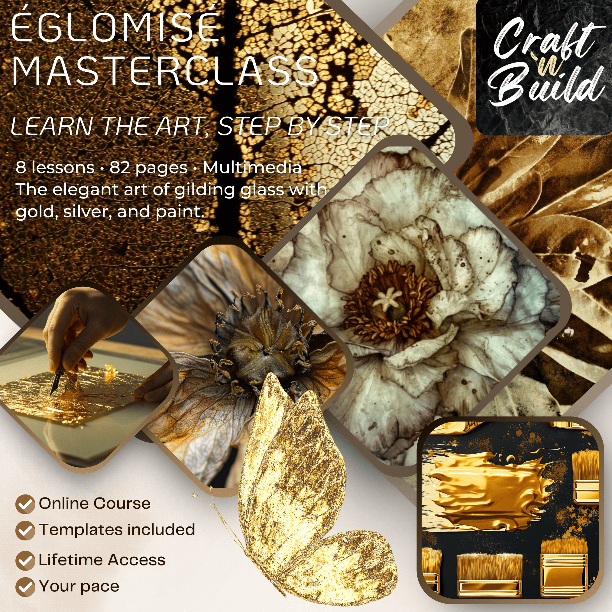 Intricate golden reverse glass art design showcasing traditional Églomisé gilding technique