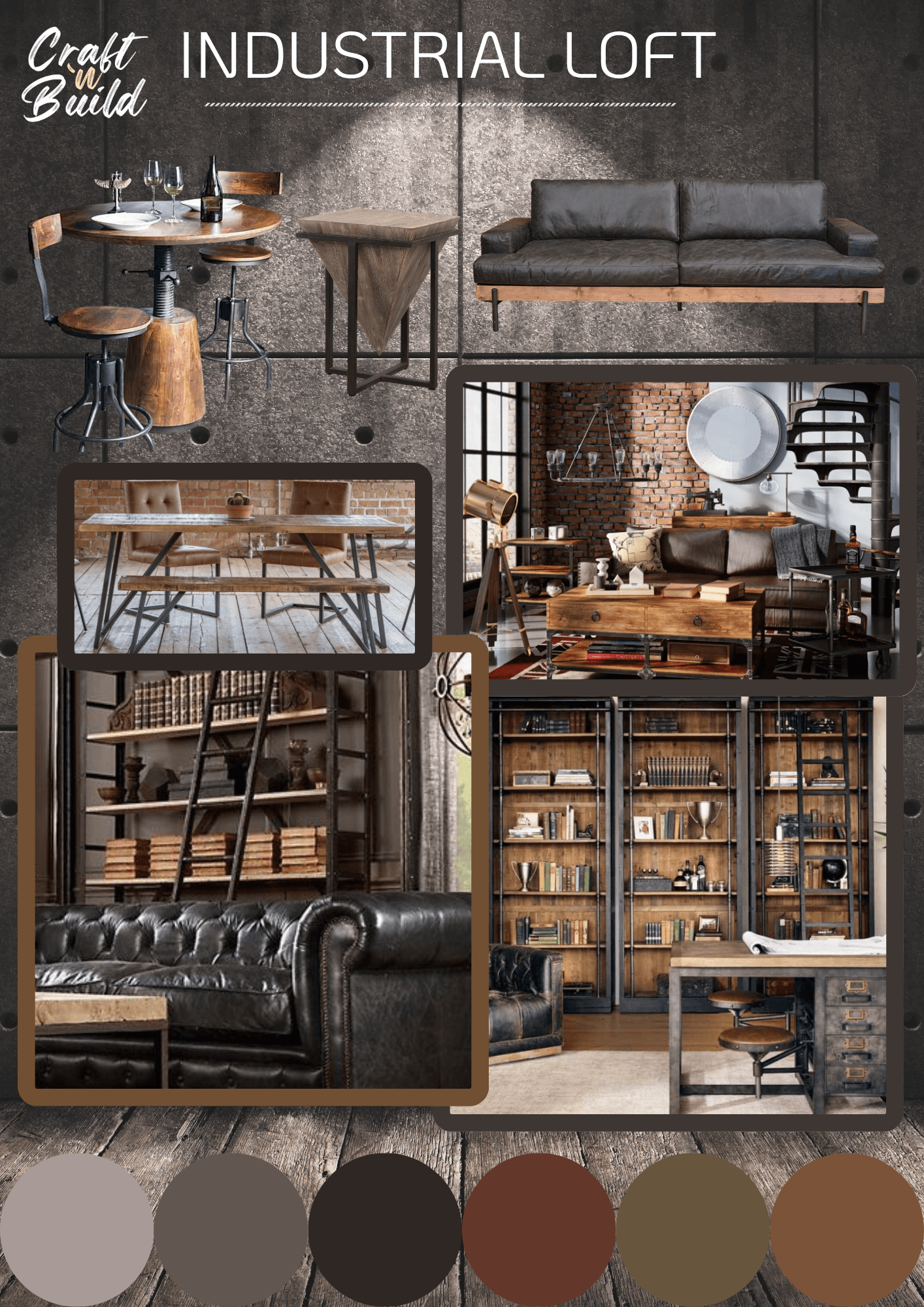Industrial loft interiors moodboard showcasing raw brick, steel beams, reclaimed wood, leather furniture, and warm lighting in a spacious urban loft design