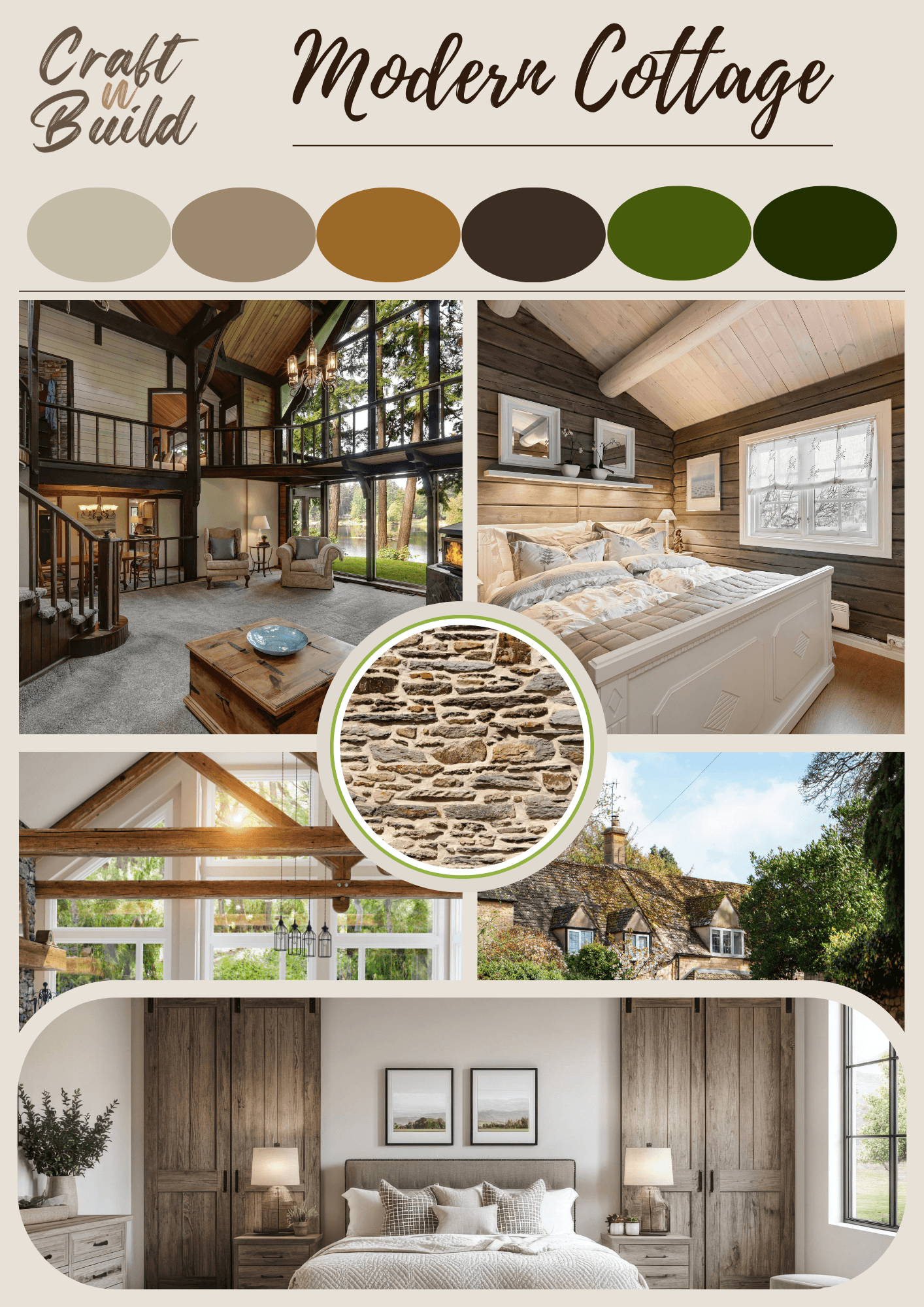Modern Cottage mood-board interior with rustic wood beams, stone walls, and soft neutral tones.