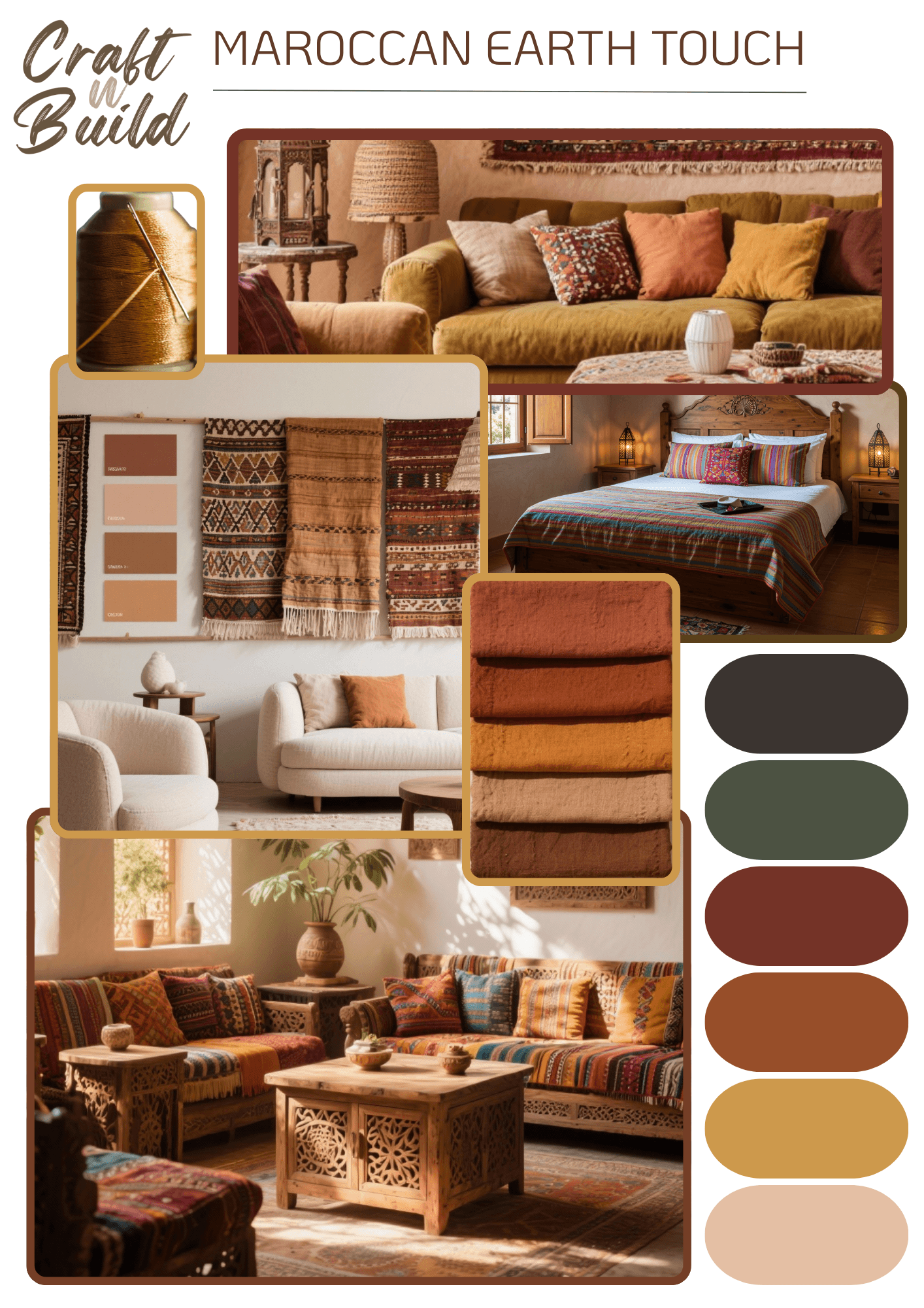 Moroccan Earth Touch interiors moodboard with terracotta tones, carved wood, woven textiles, and arched design elements