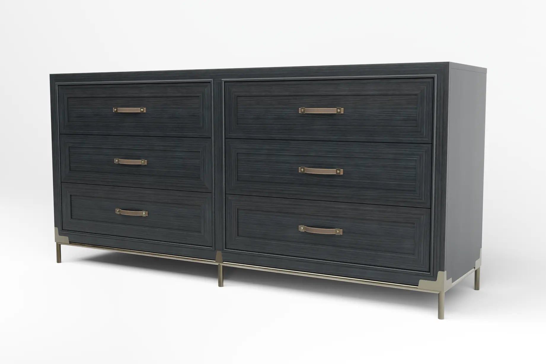 North 6 drawer Dresser in charcoal wood with brass accents and leather-wrapped handles.