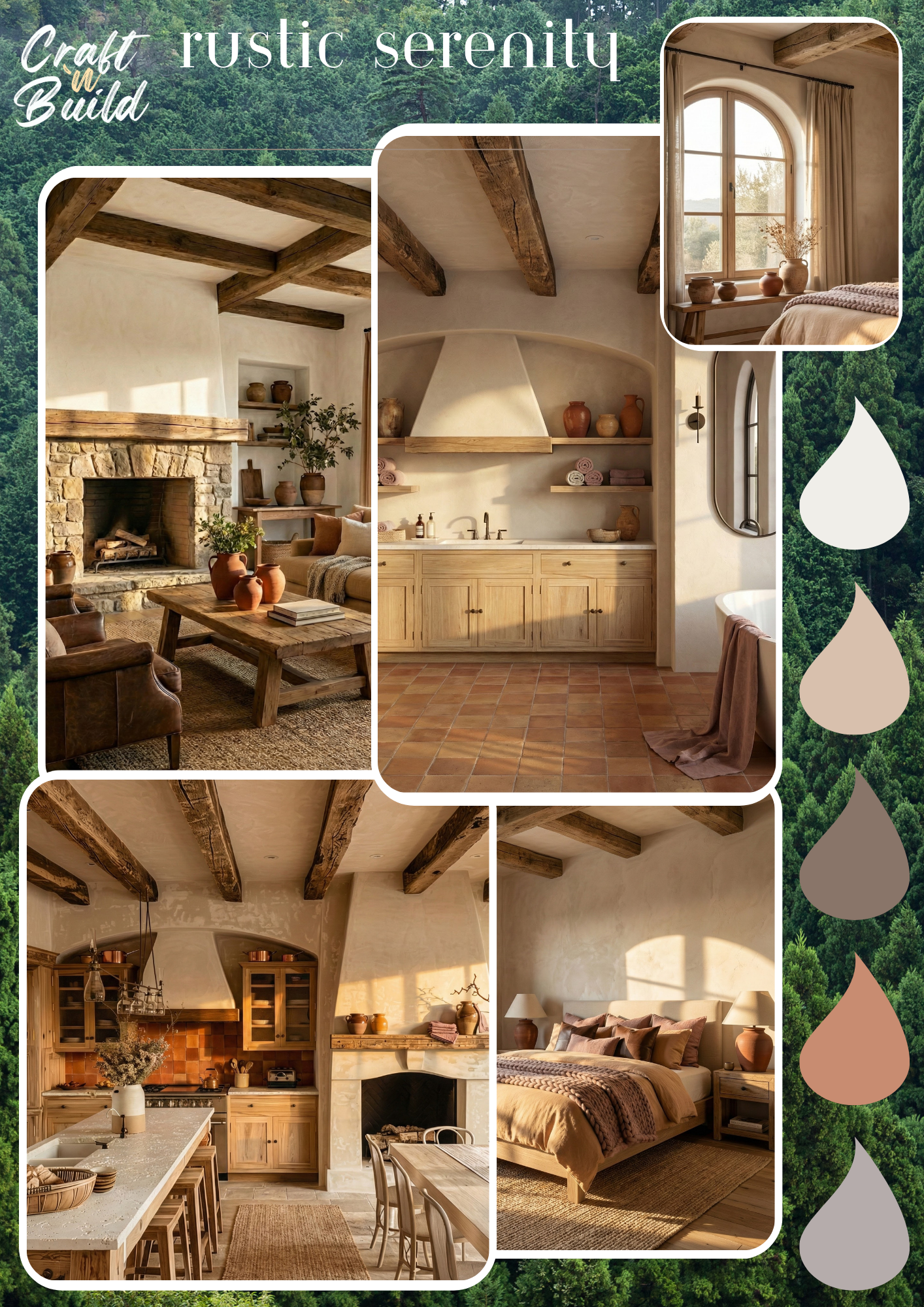 Rustic Serenity Mood-board with cozy interiors, color palette, and design elements for a sanctuary-like home atmosphere.