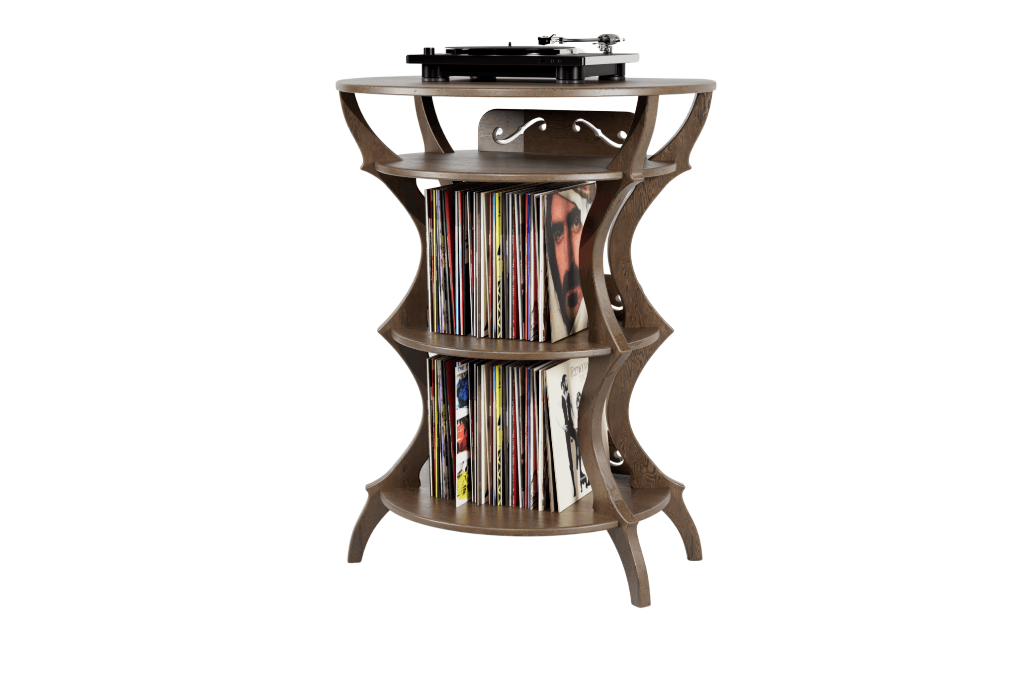 The Resonance Stand sculptural record table with organic curves and three-tier vinyl storage