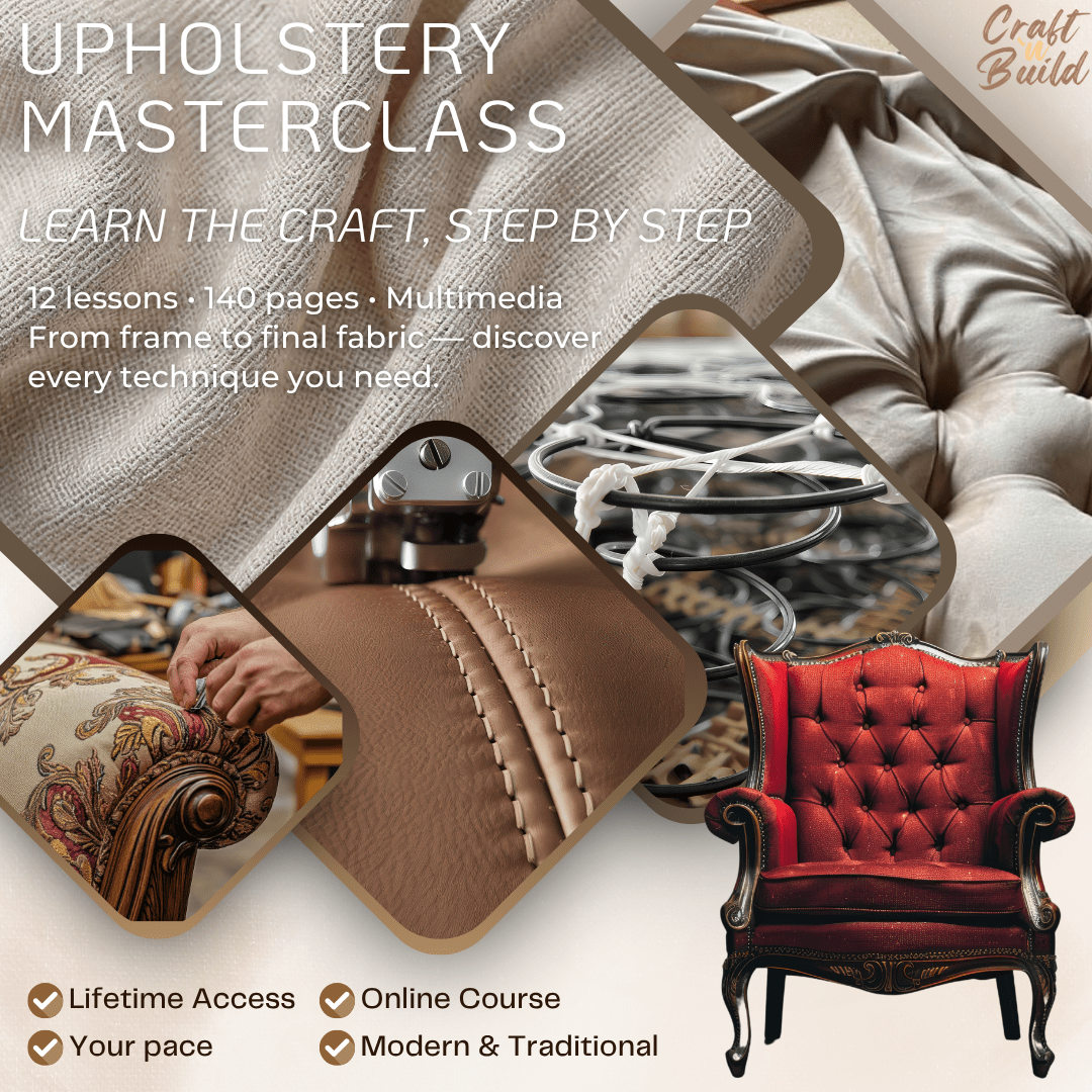 Craftsman upholstering a vintage chair with fabric and tools, demonstrating furniture upholstering techniques and materials