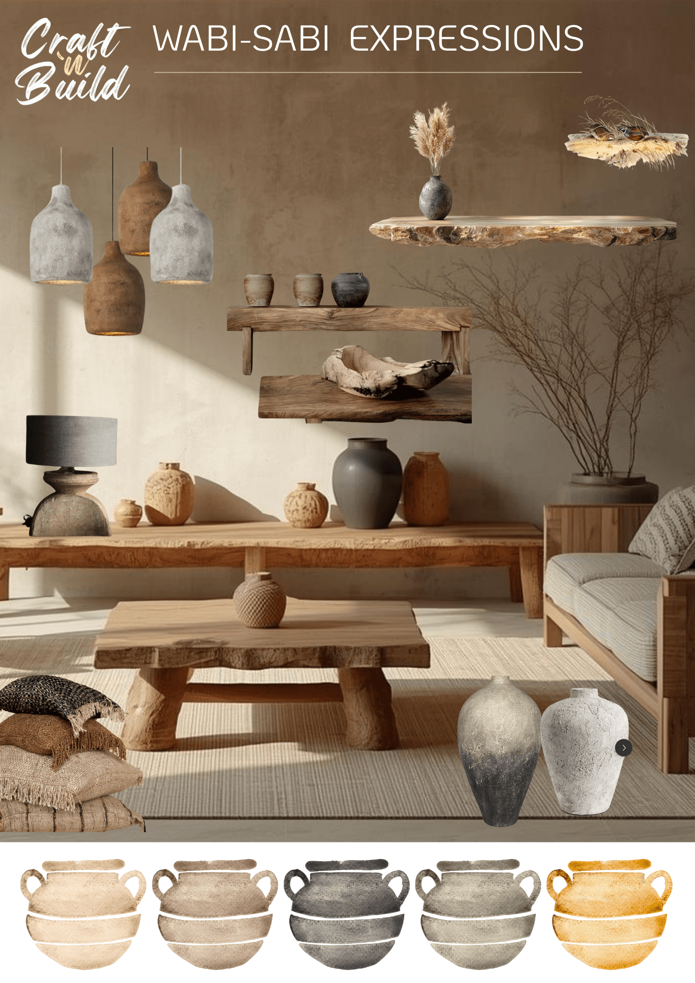 Wabi-Sabi interior design moodboard with natural materials and earthy tones showcasing imperfect beauty and handcrafted textures