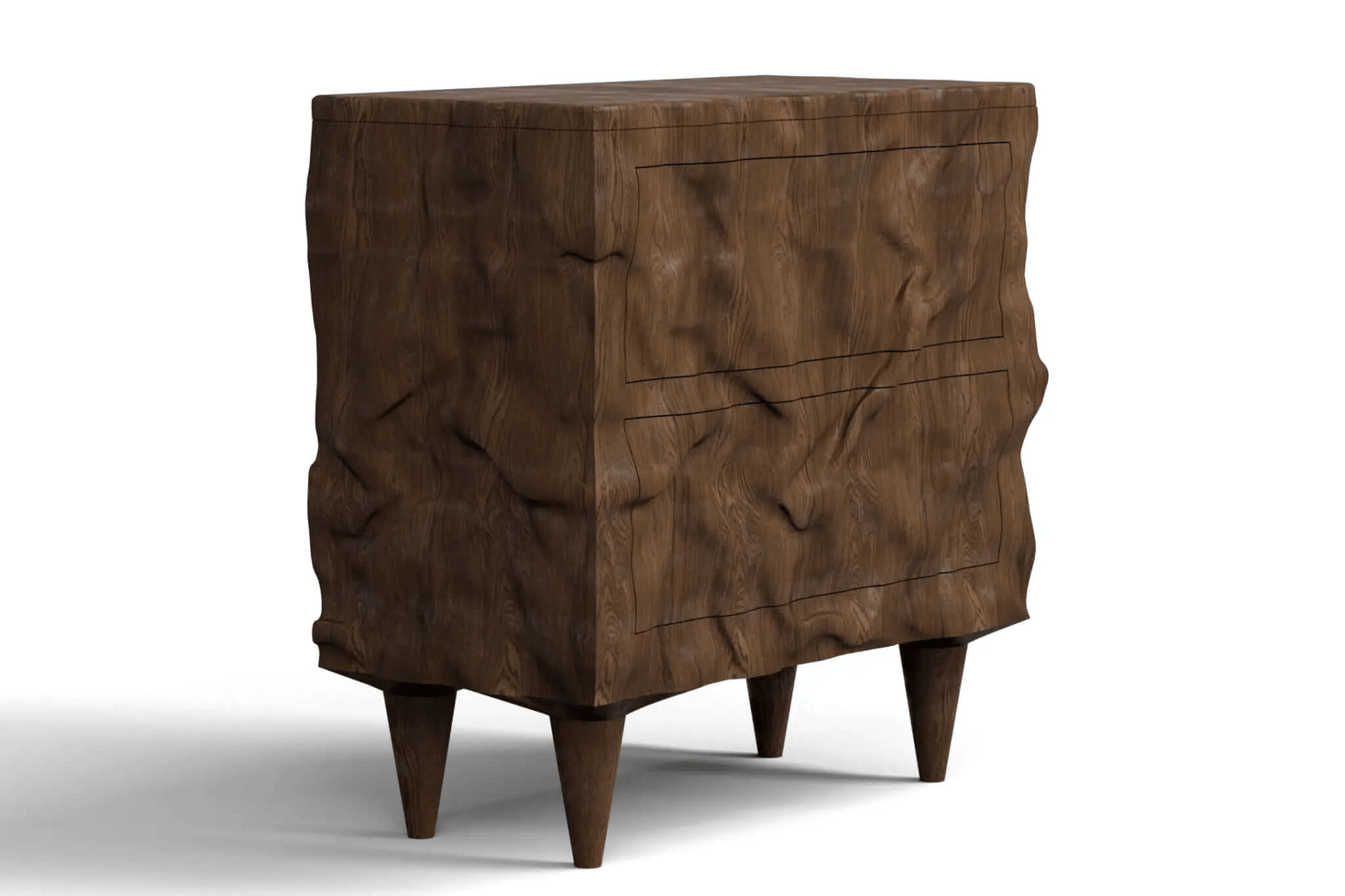 3D CAD model of Alcatraz Hall Chest made of solid walnut with sculptural design and two drawers
