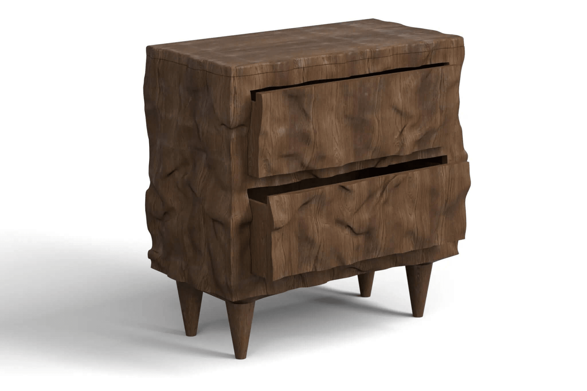 3D CAD model of Alcatraz Hall Chest made from solid walnut wood with sculptural organic design and two drawers