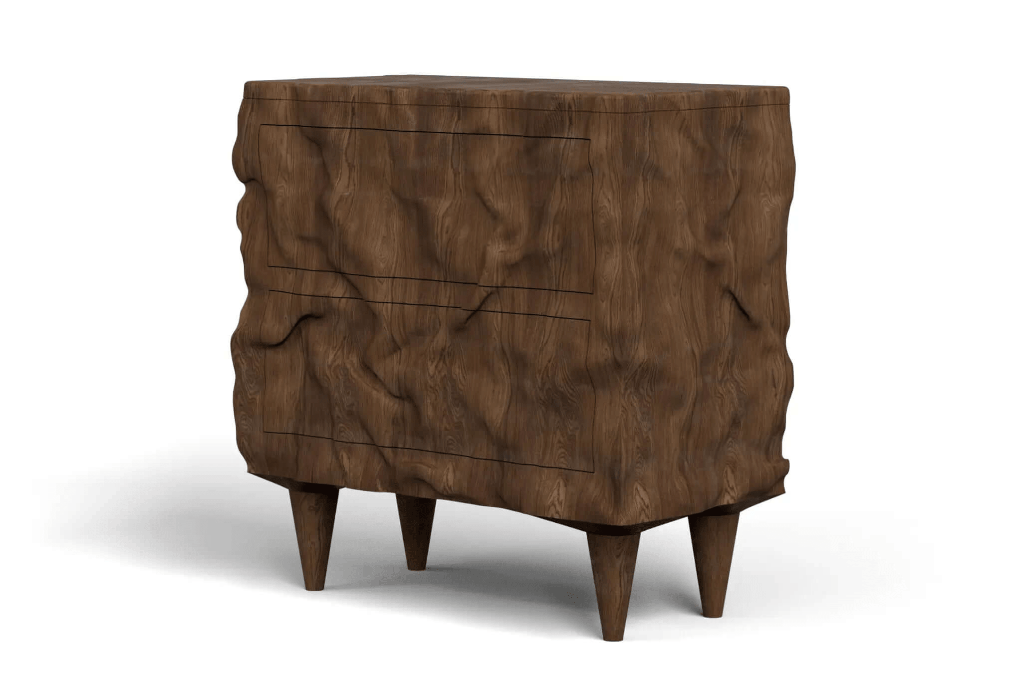 3D CAD model of Alcatraz Hall Chest made from solid walnut with sculptural design and drawers