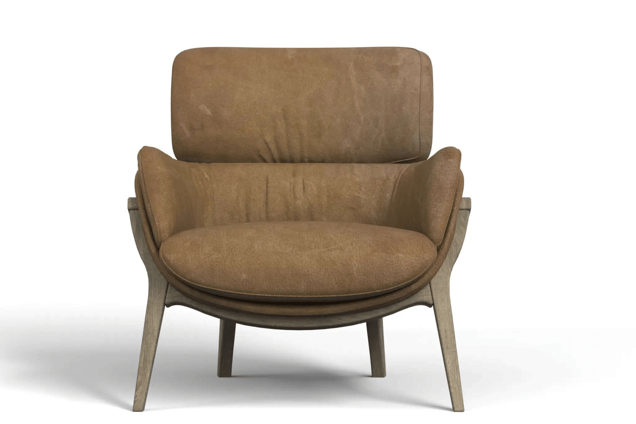 3D CAD rendering of Aspen Lounge Chair with leather upholstery and wooden frame
